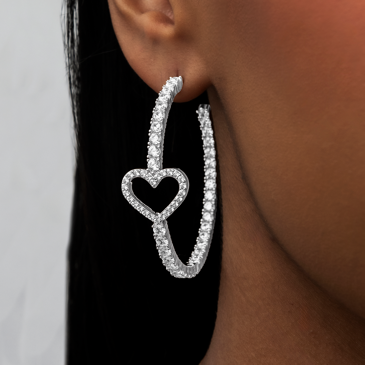 Heart Tennis Hoop Earrings in White Gold