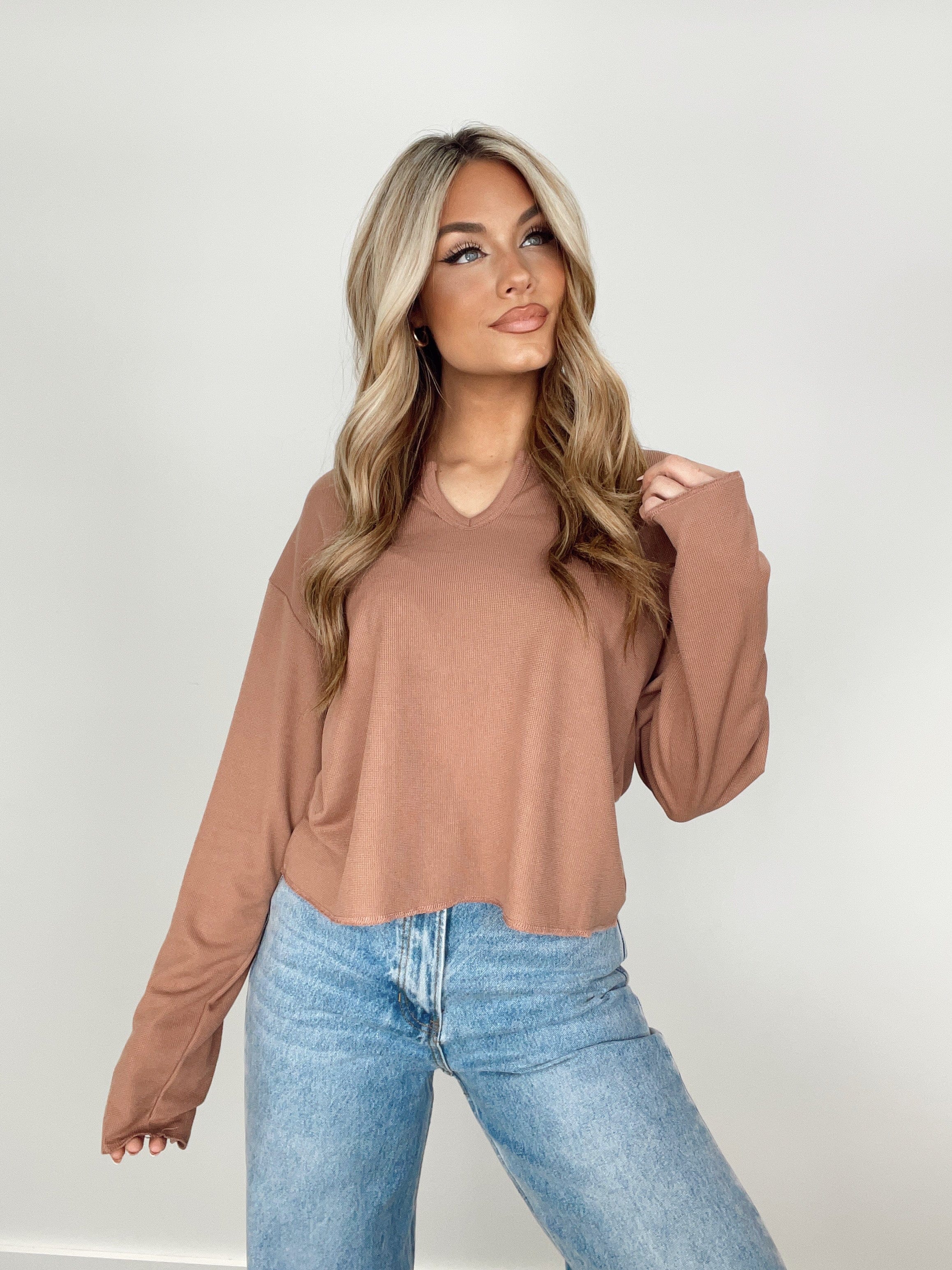 Mocha Waffle Knit Notch Top