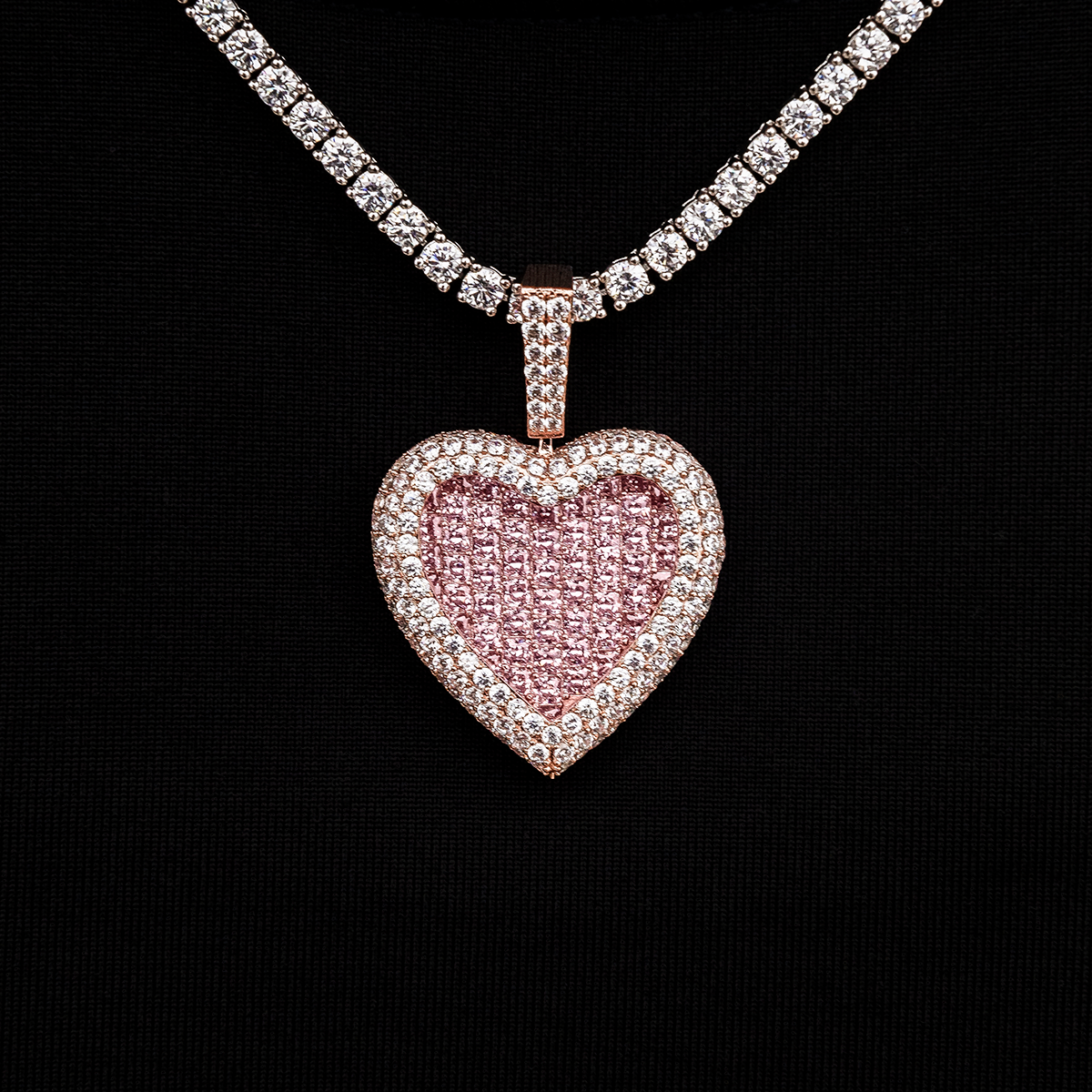 Pink Baguette Heart Pendant in Rose Gold