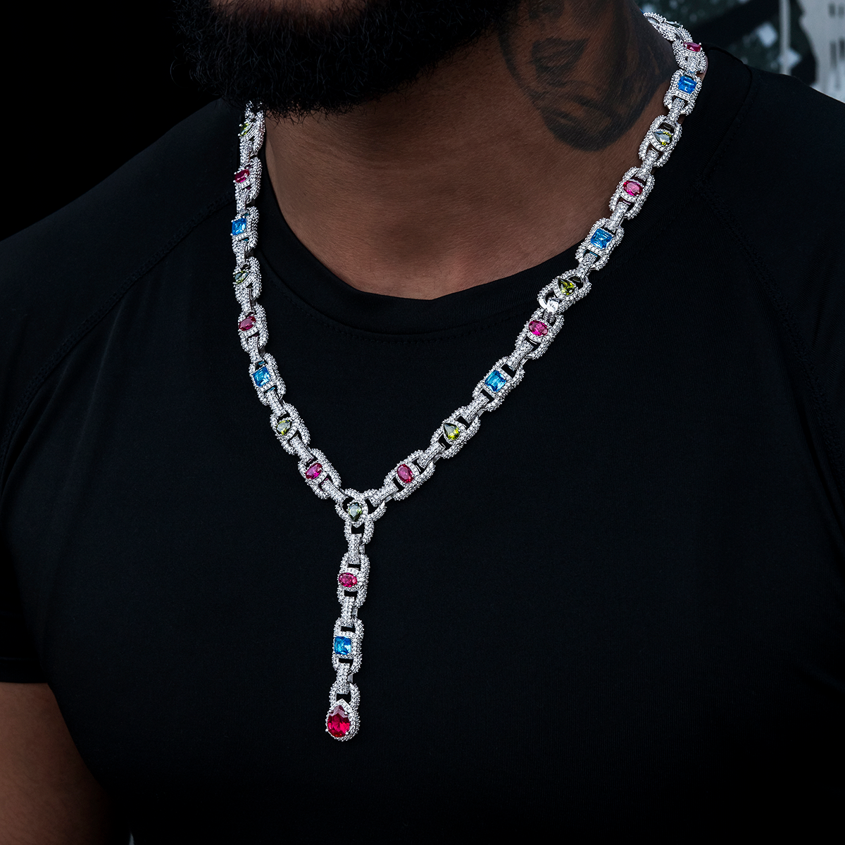 Diamond Cluster Mariner Teardrop Multicolor Lariat Chain in White Gold