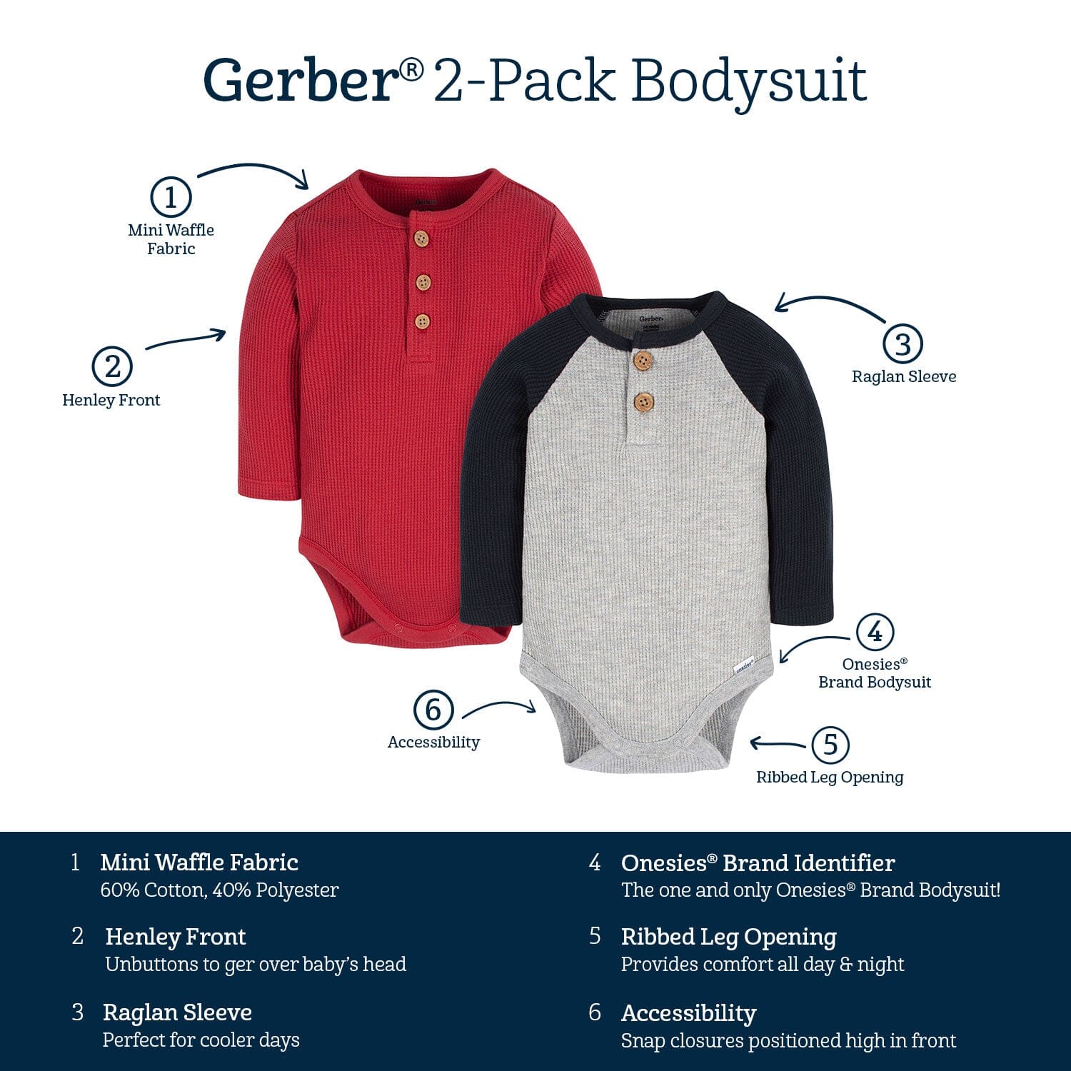 2-Pack Baby Boys Red & Heather Gray Long Sleeve Henley Onesies Bodysuits