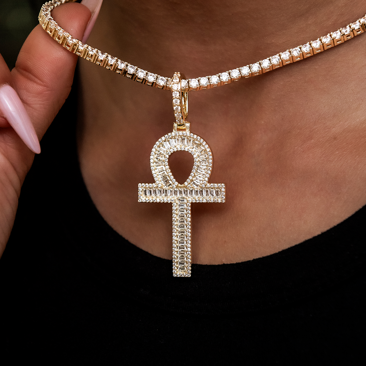 Diamond Baguette Ankh Cross Pendant in Yellow Gold