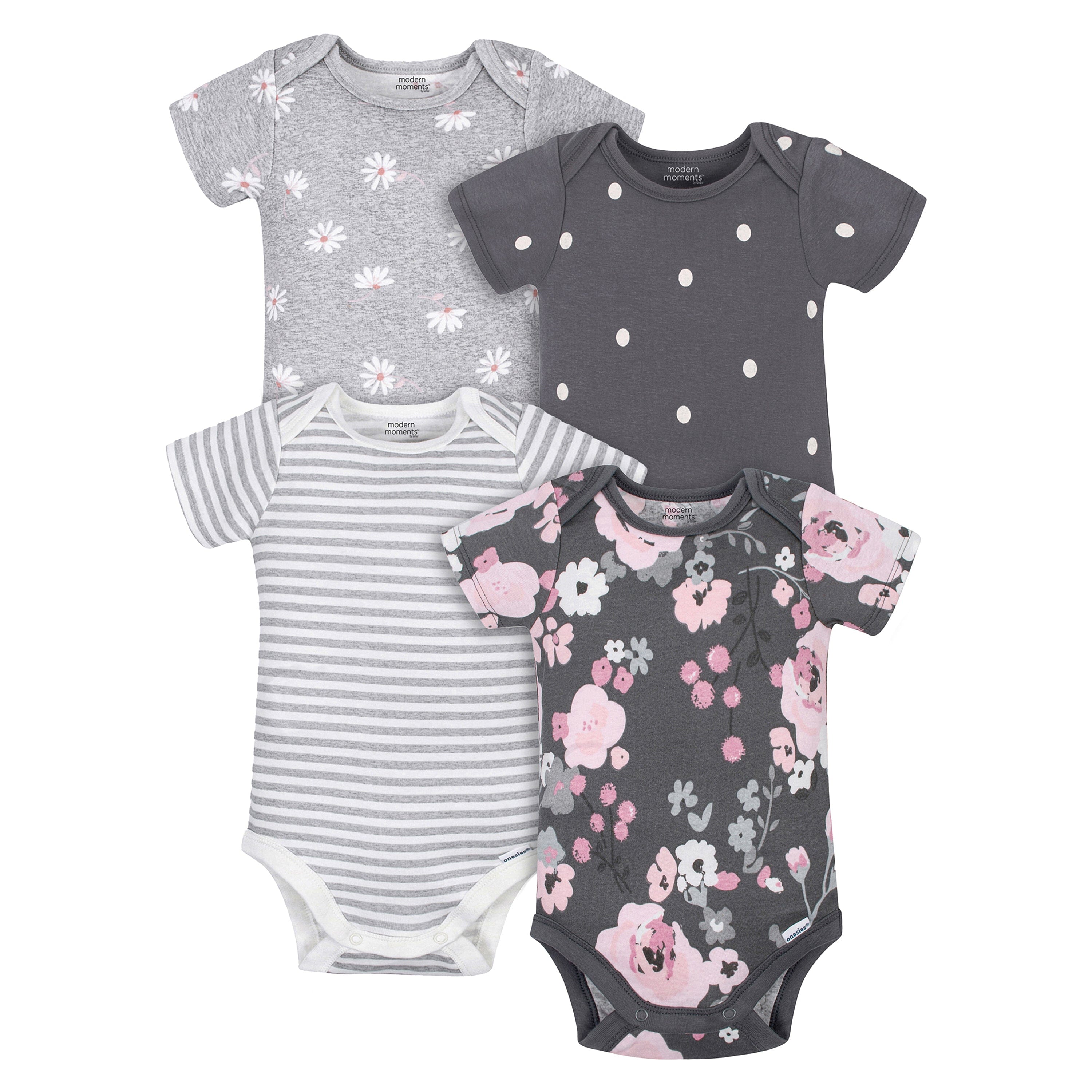 4-Pack Baby Girls Gray Floral Short Sleeve Onesies Bodysuits