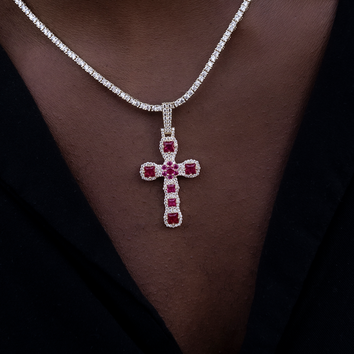 Ruby Stone Rounded Cross Pendant in Yellow Gold