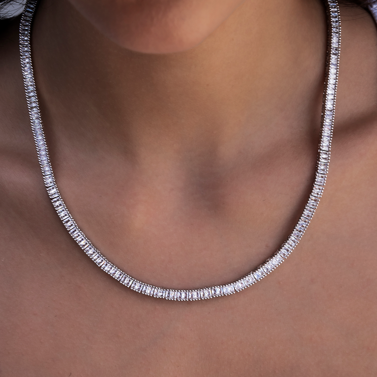 Diamond Baguette Tennis Necklace in White Gold- 3mm