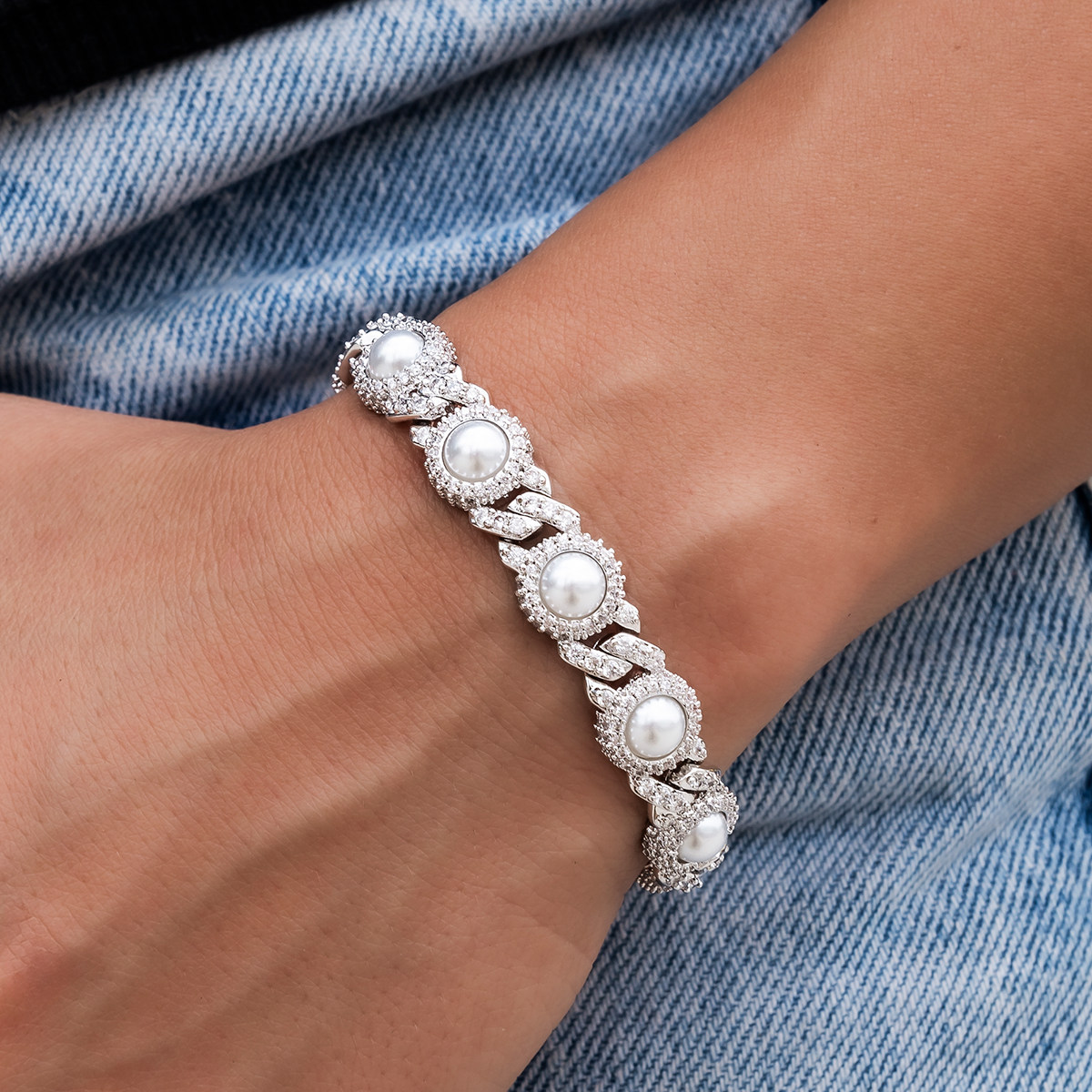 10mm Iced Halo Cuban Bracelet with Pearls in White Gold