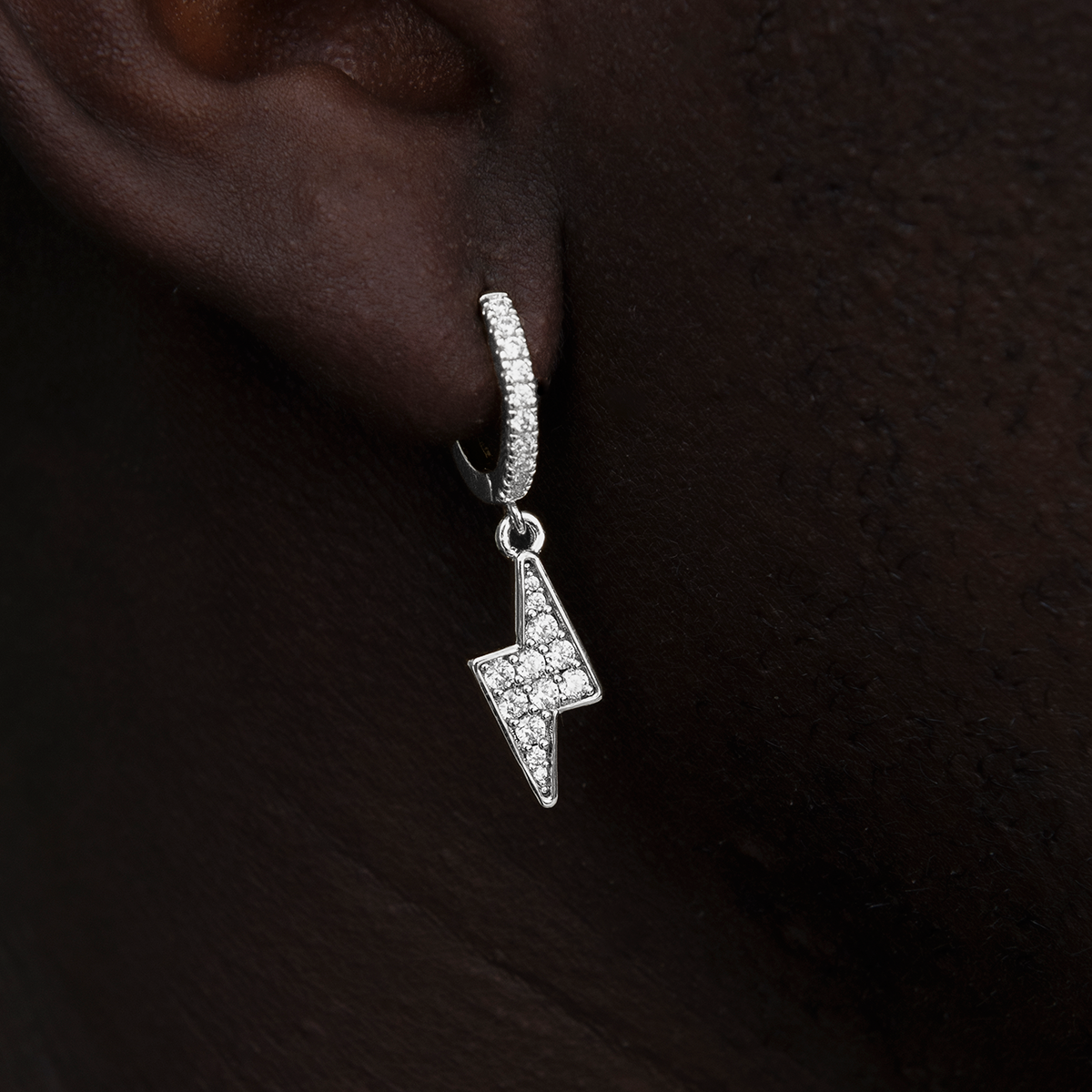 Iced Bolt Hoop Earrings in White Gold