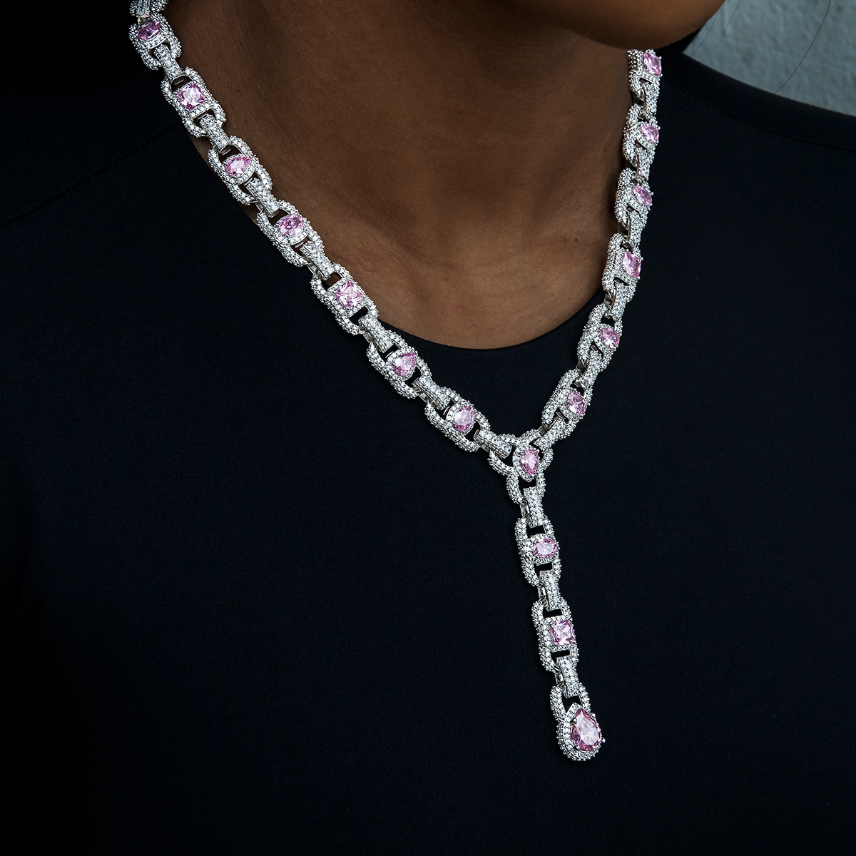 Diamond Cluster Mariner Teardrop Pink Lariat Necklace in White Gold