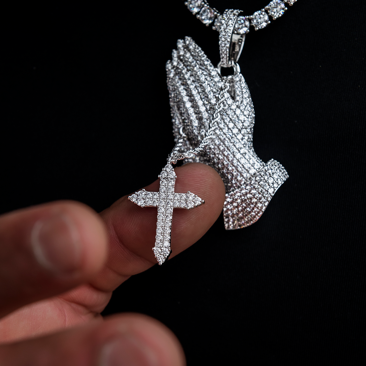 Large Iced Praying Hands Pendant in White Gold