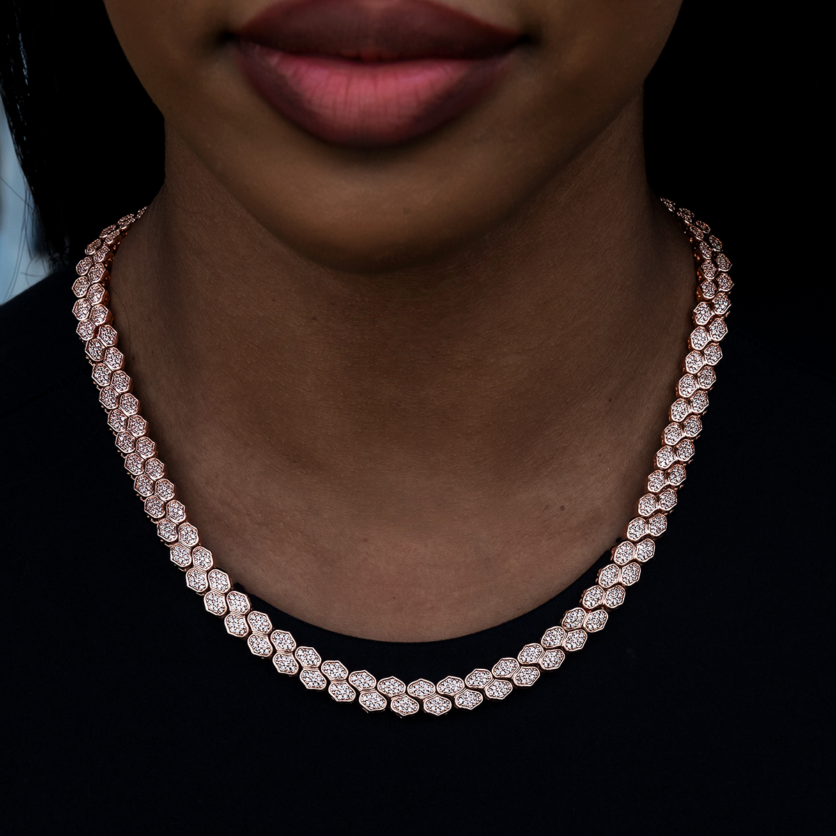 Diamond Pave Flat Reptile Necklace in Rose Gold-4mm