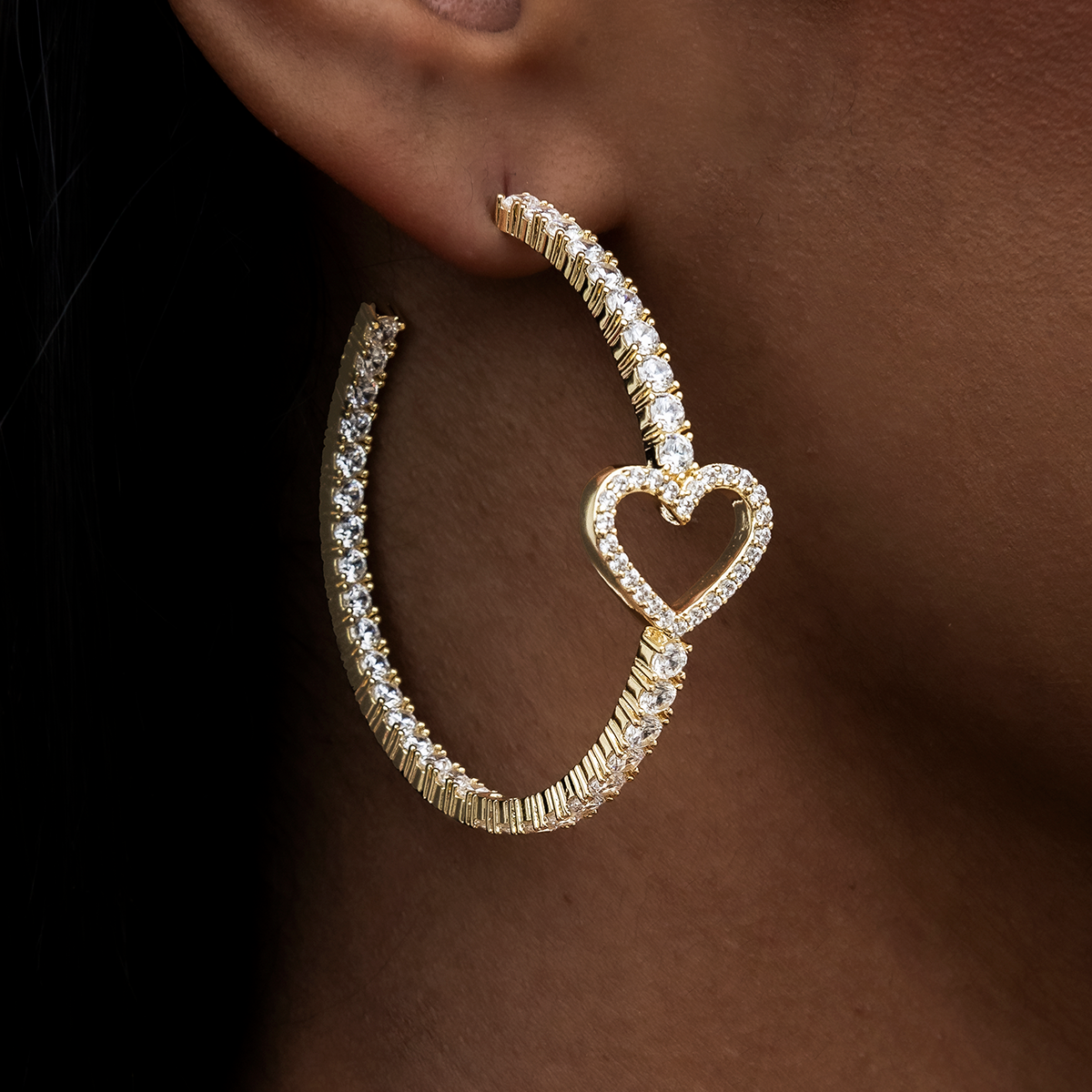 Heart Tennis Hoop Earrings in Yellow Gold