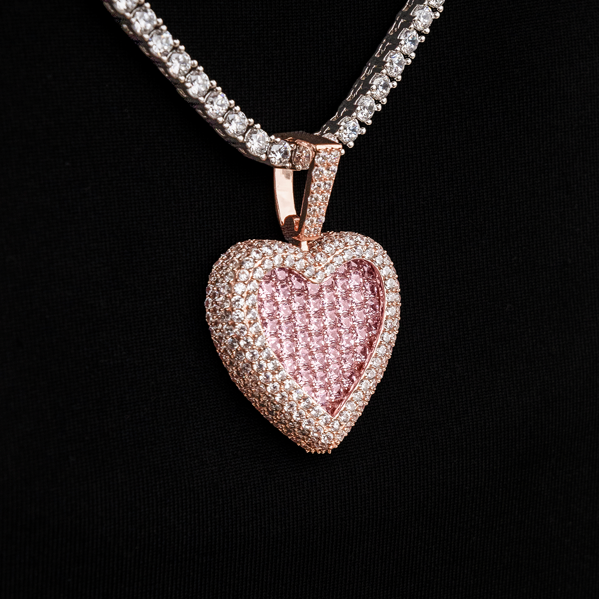 Pink Baguette Heart Pendant in Rose Gold