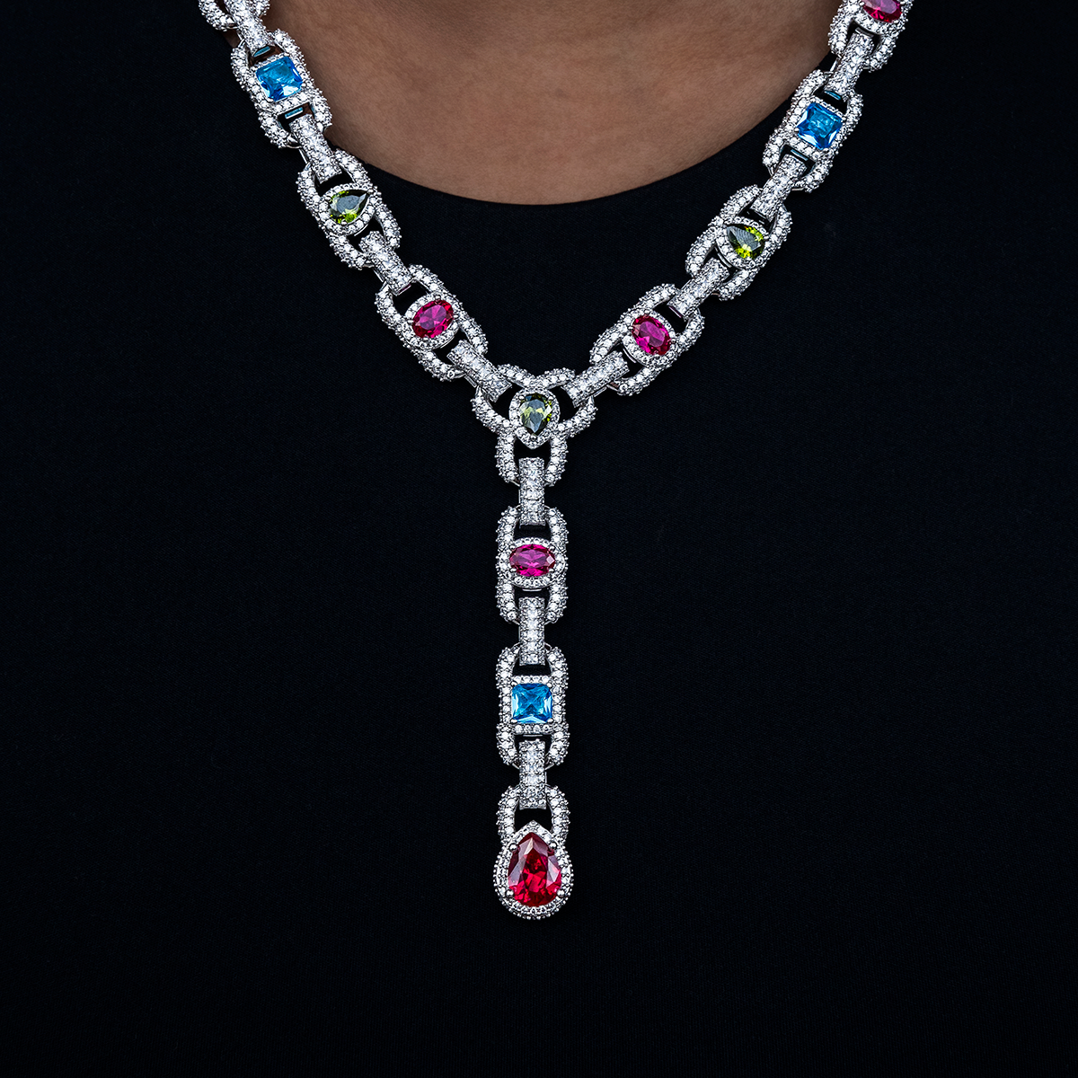 Diamond Cluster Mariner Teardrop Multicolor Lariat Necklace in White Gold