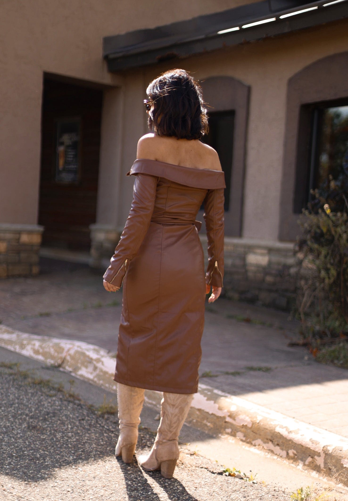 Mocha Leather Midi Dress