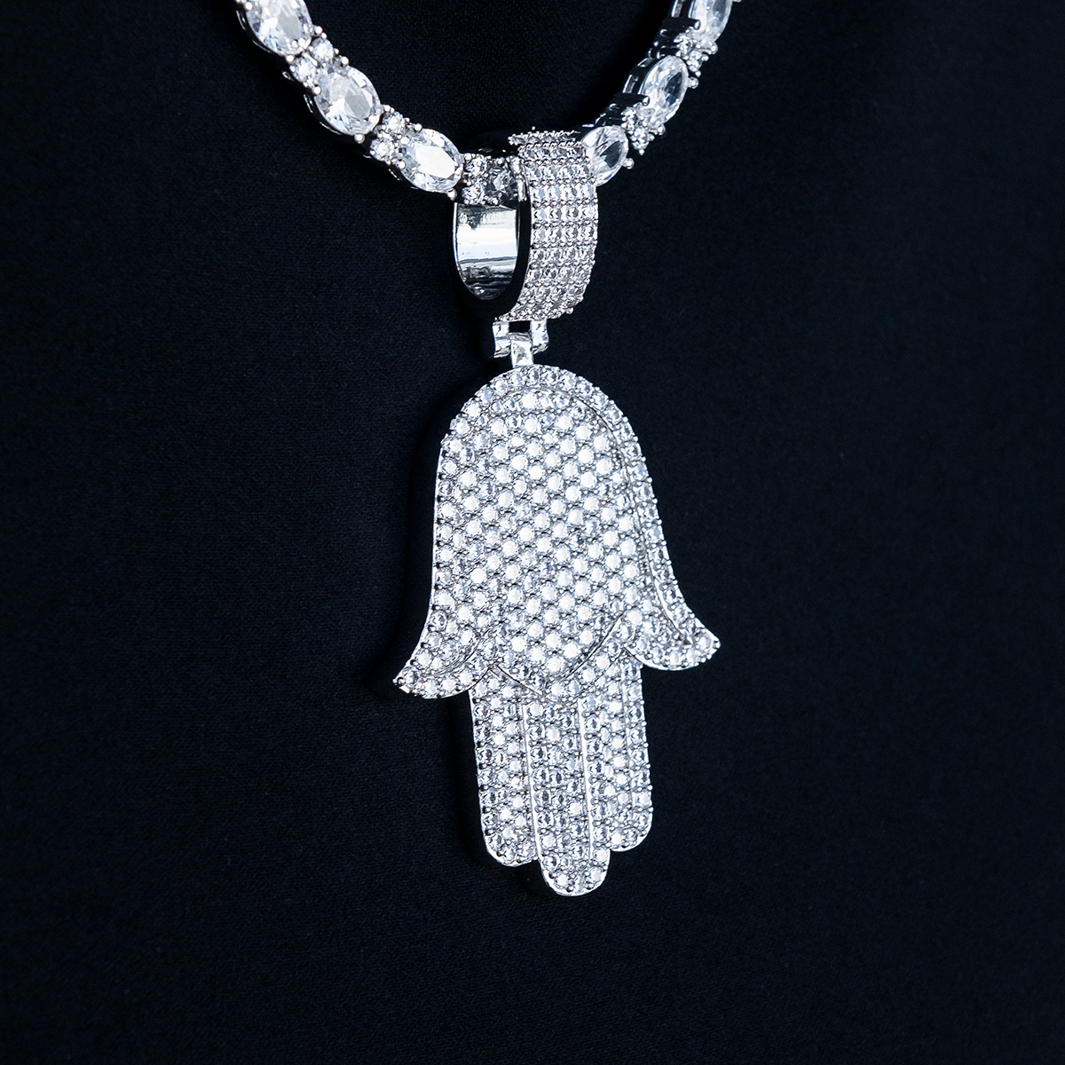 Large Iced Baguette Hamsah Pendant in White Gold