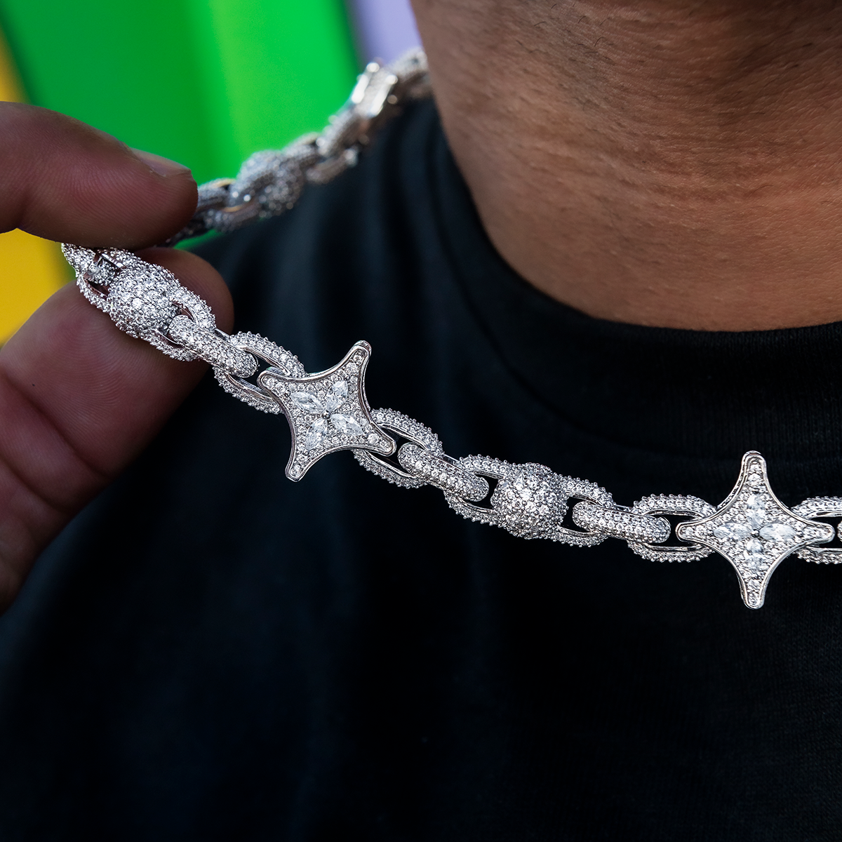 Diamond Ball Star Mariner Chain in White Gold- 10mm