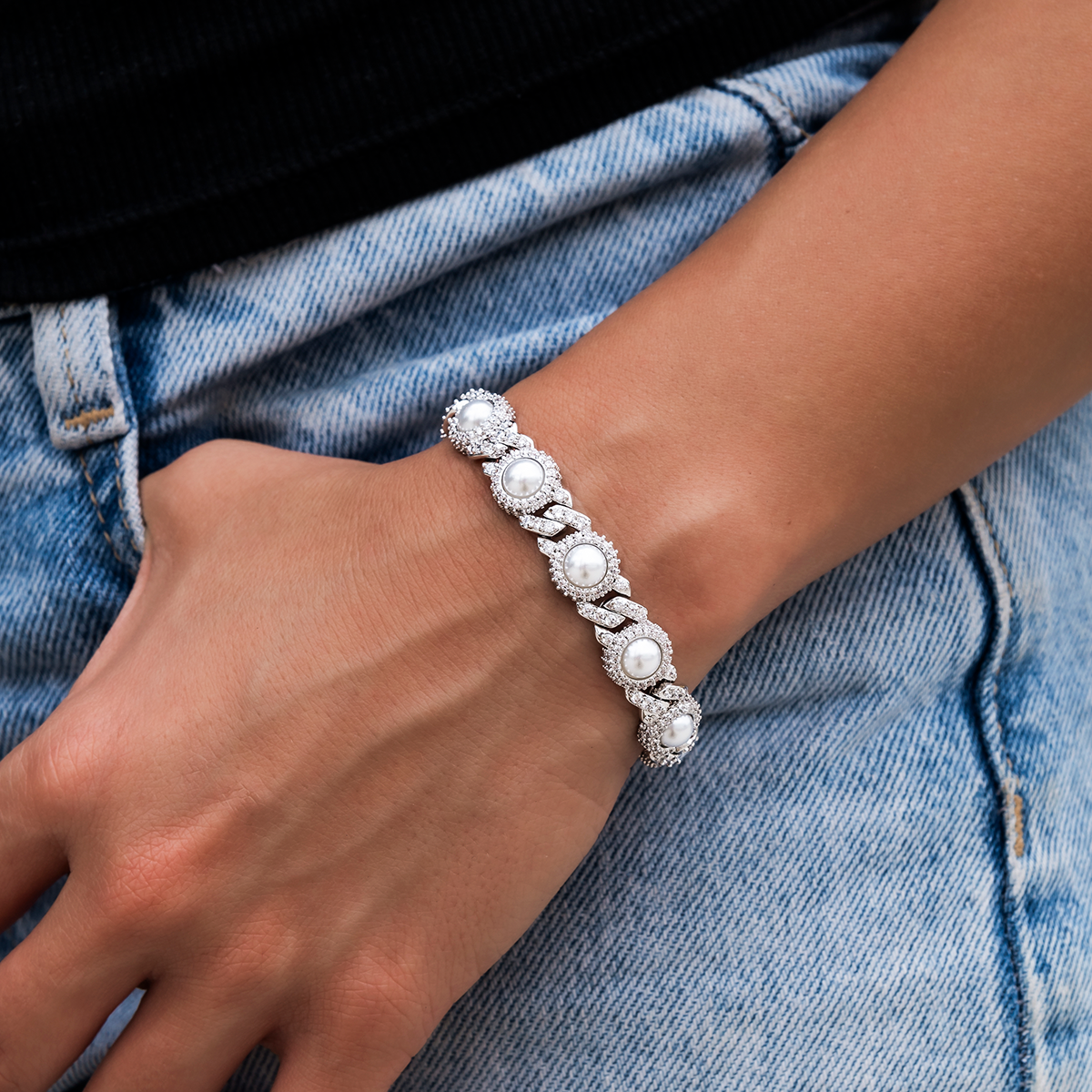 10mm Iced Halo Cuban Bracelet with Pearls in White Gold