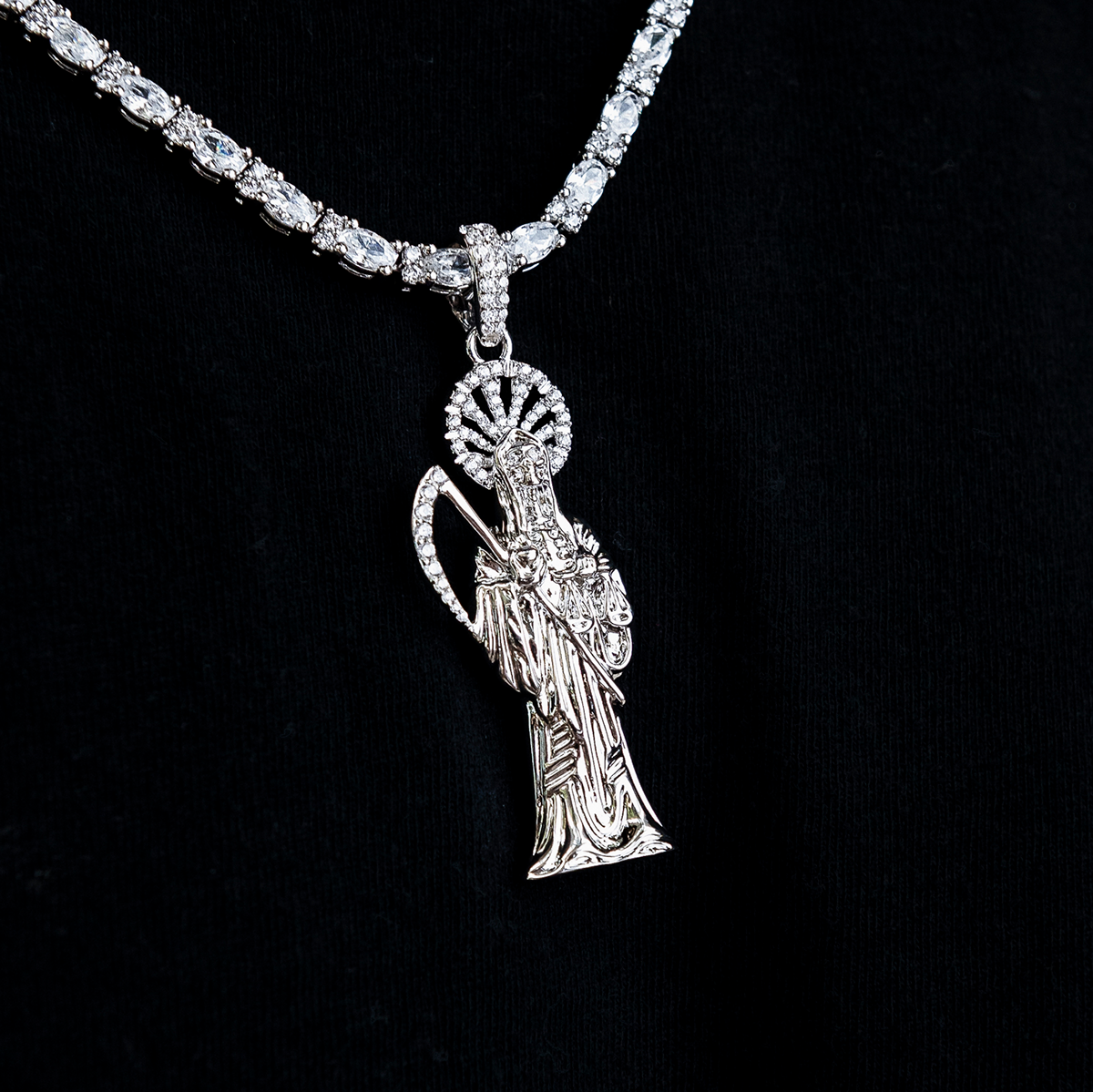 Iced Grim Reaper Pendant in White Gold