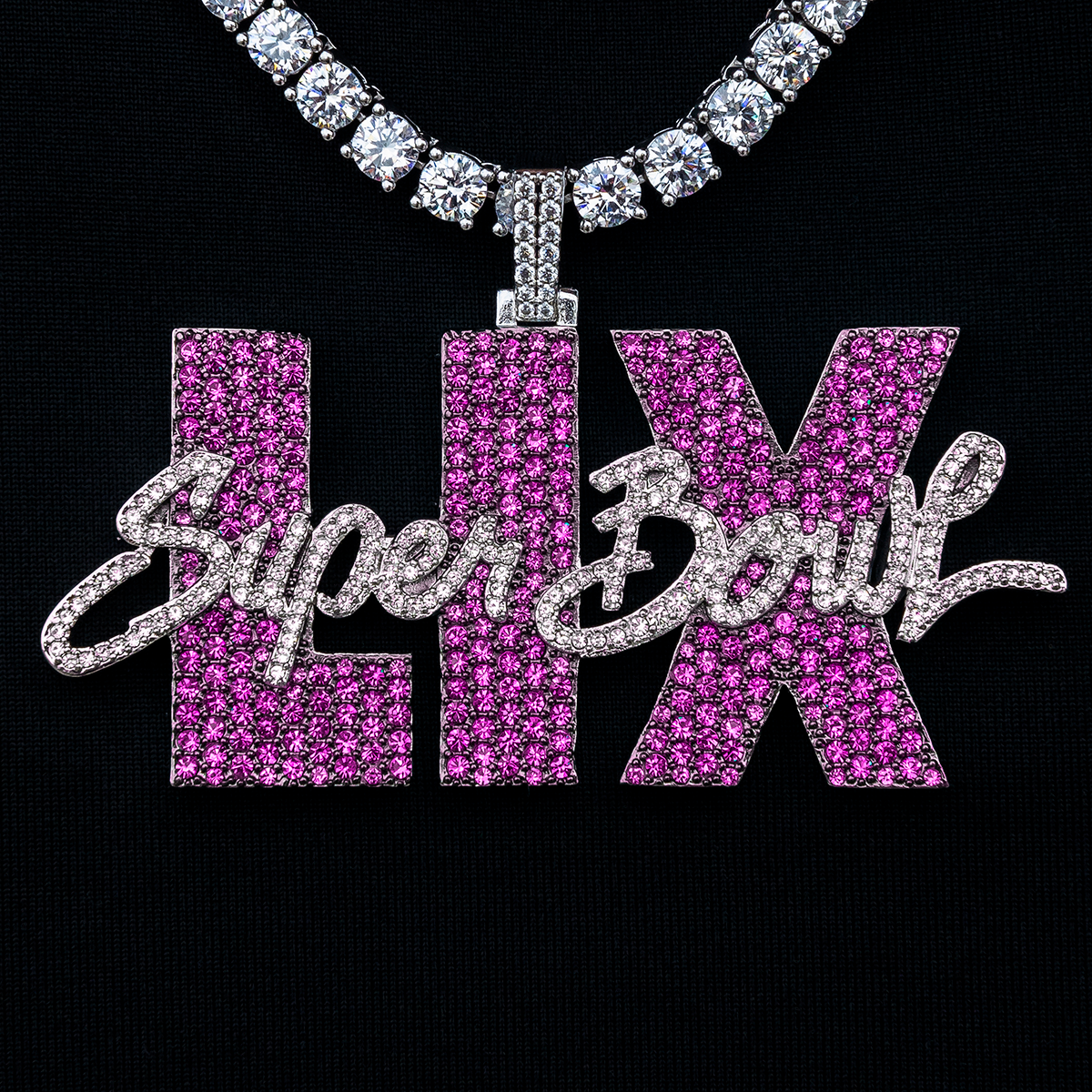 Super Bowl LIX Official NFL Pink Wordmark Pendant in White Gold