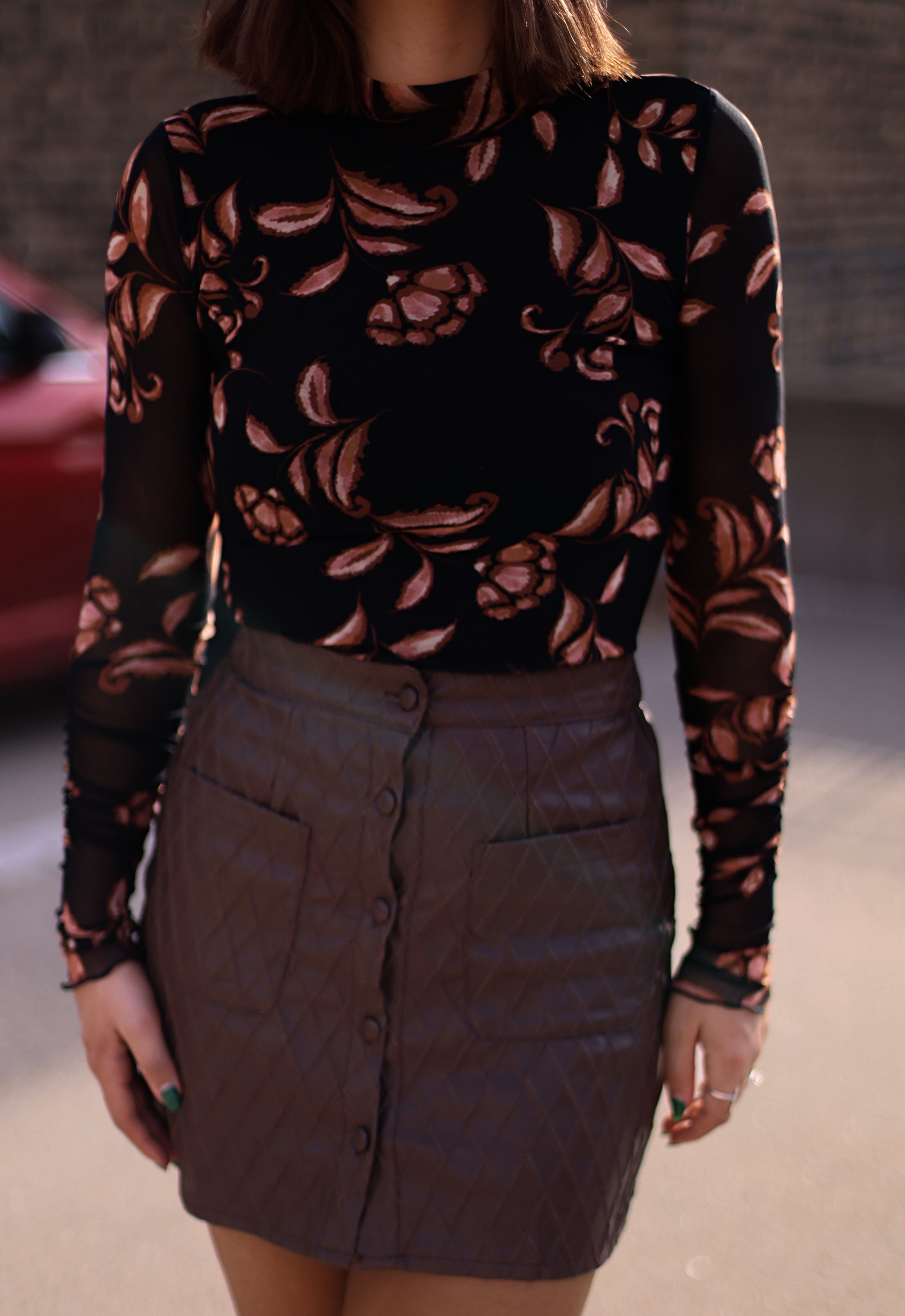 Black Floral Leaf Bodysuit