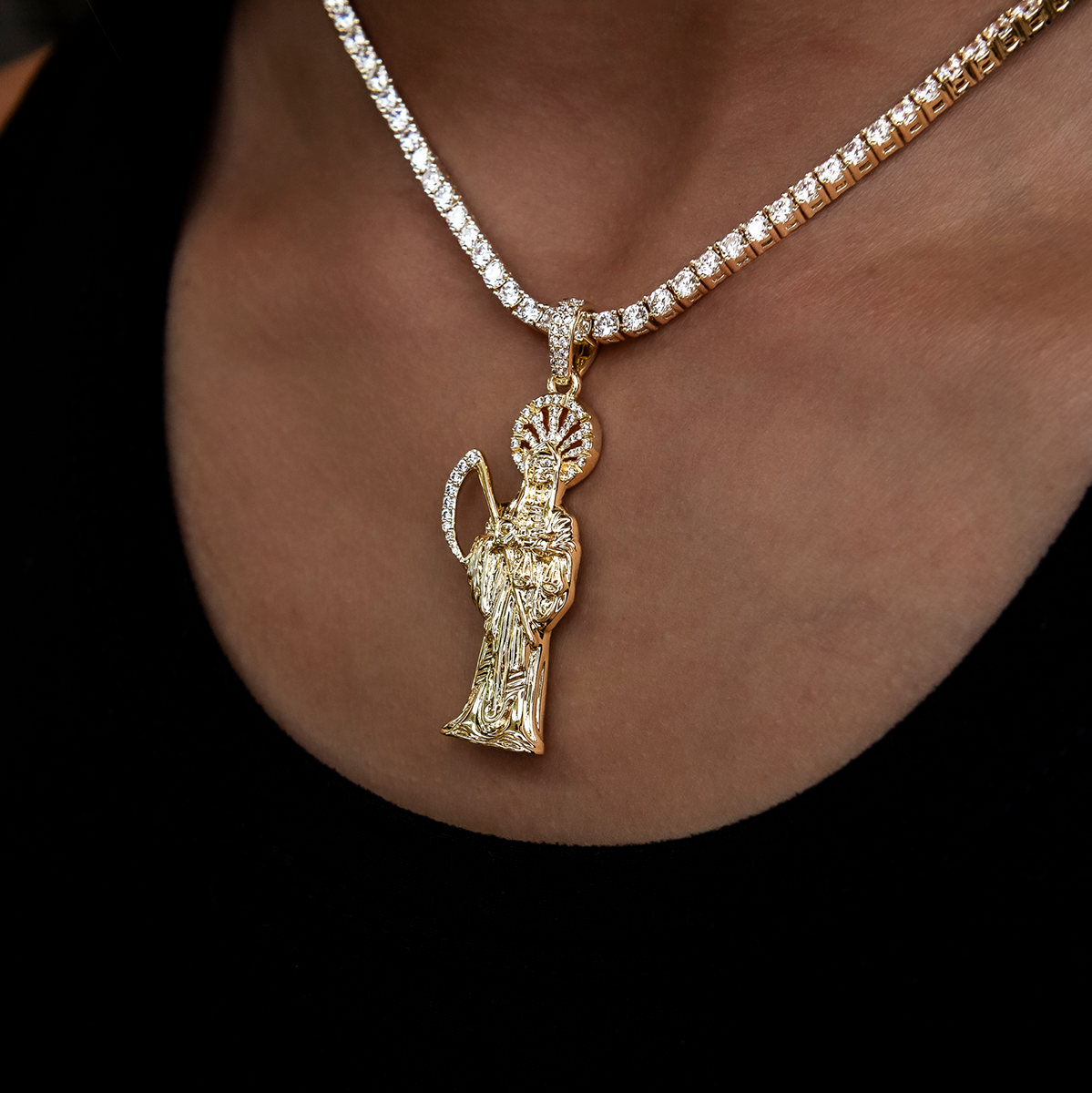 Iced Grim Reaper Pendant in Yellow Gold