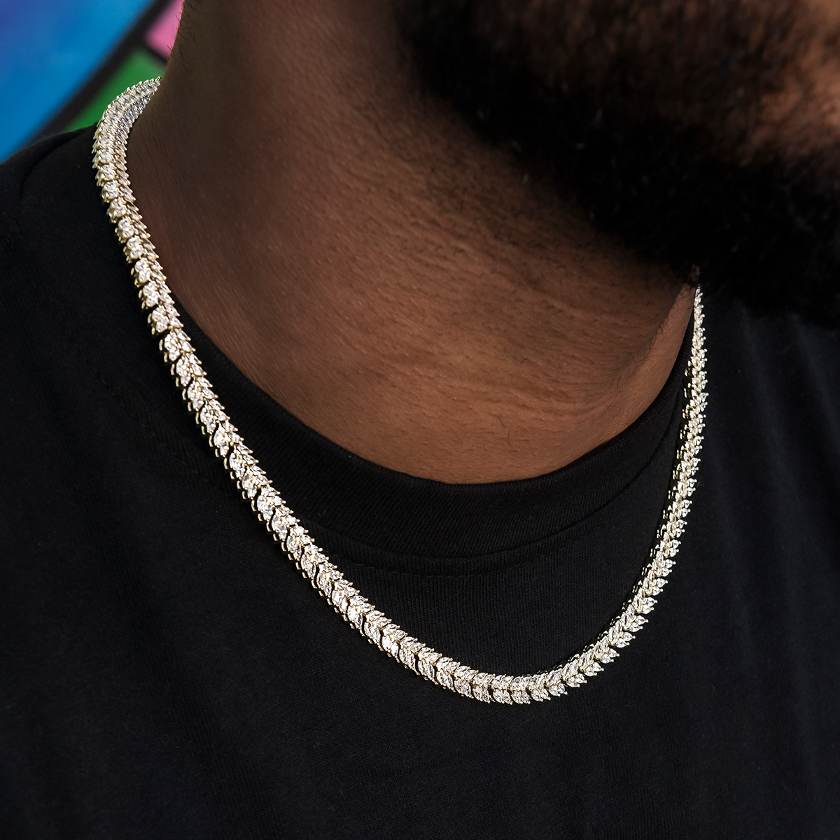 Iced Herringbone Chain in Yellow Gold- 7mm