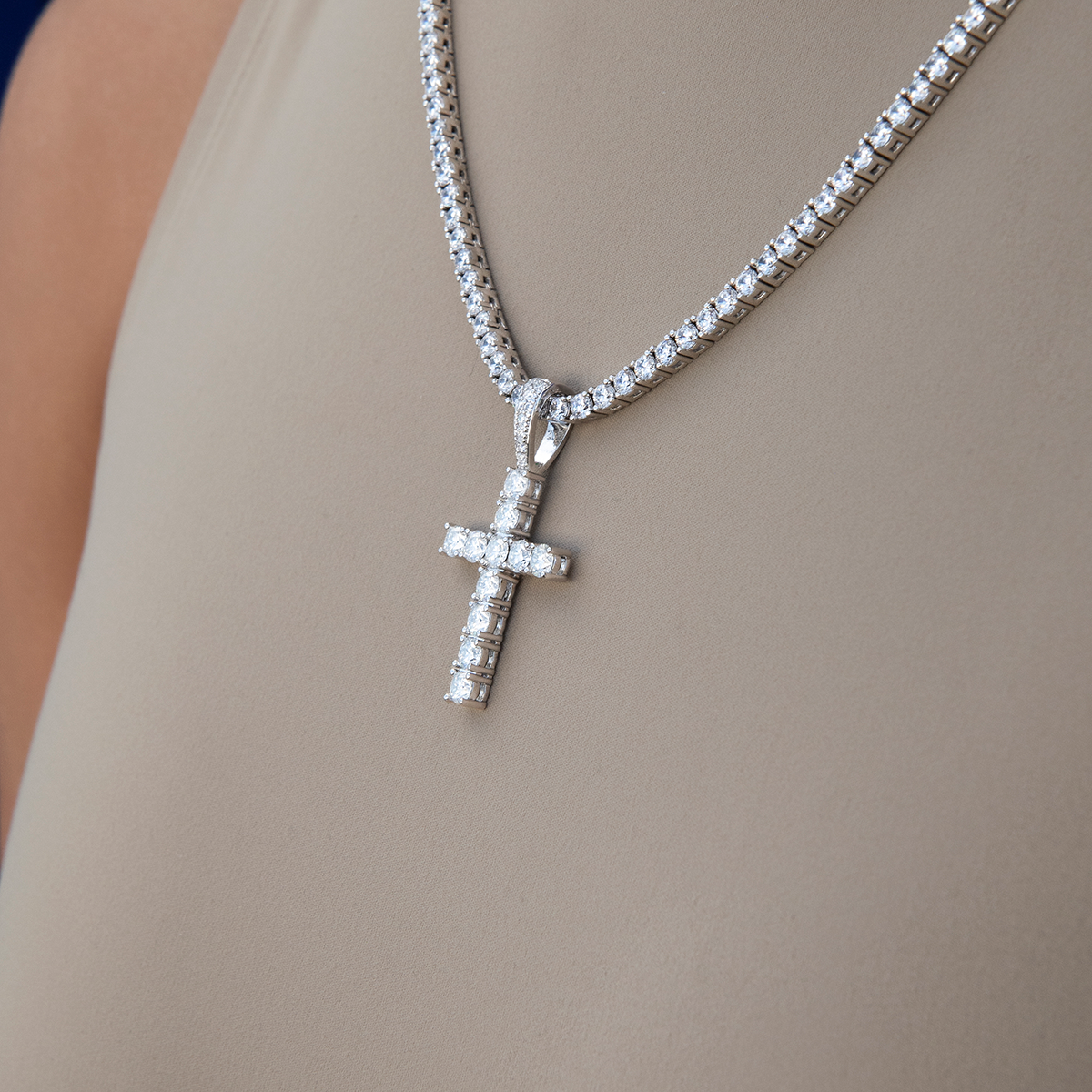 Moissanite Diamond Cross Pendant in White Gold Vermeil