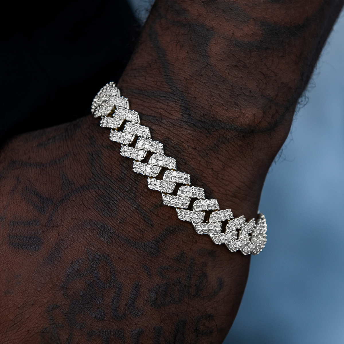 Prong Baguette Cuban Bracelet in White Gold- 12mm