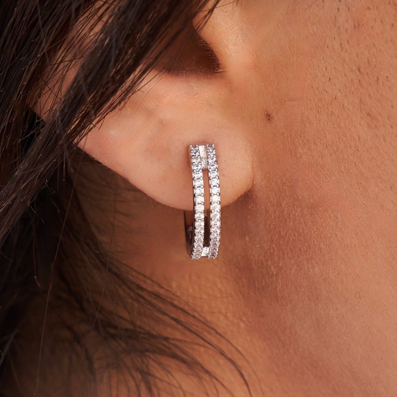 Split Iced Huggie Hoop Earrings in White Gold