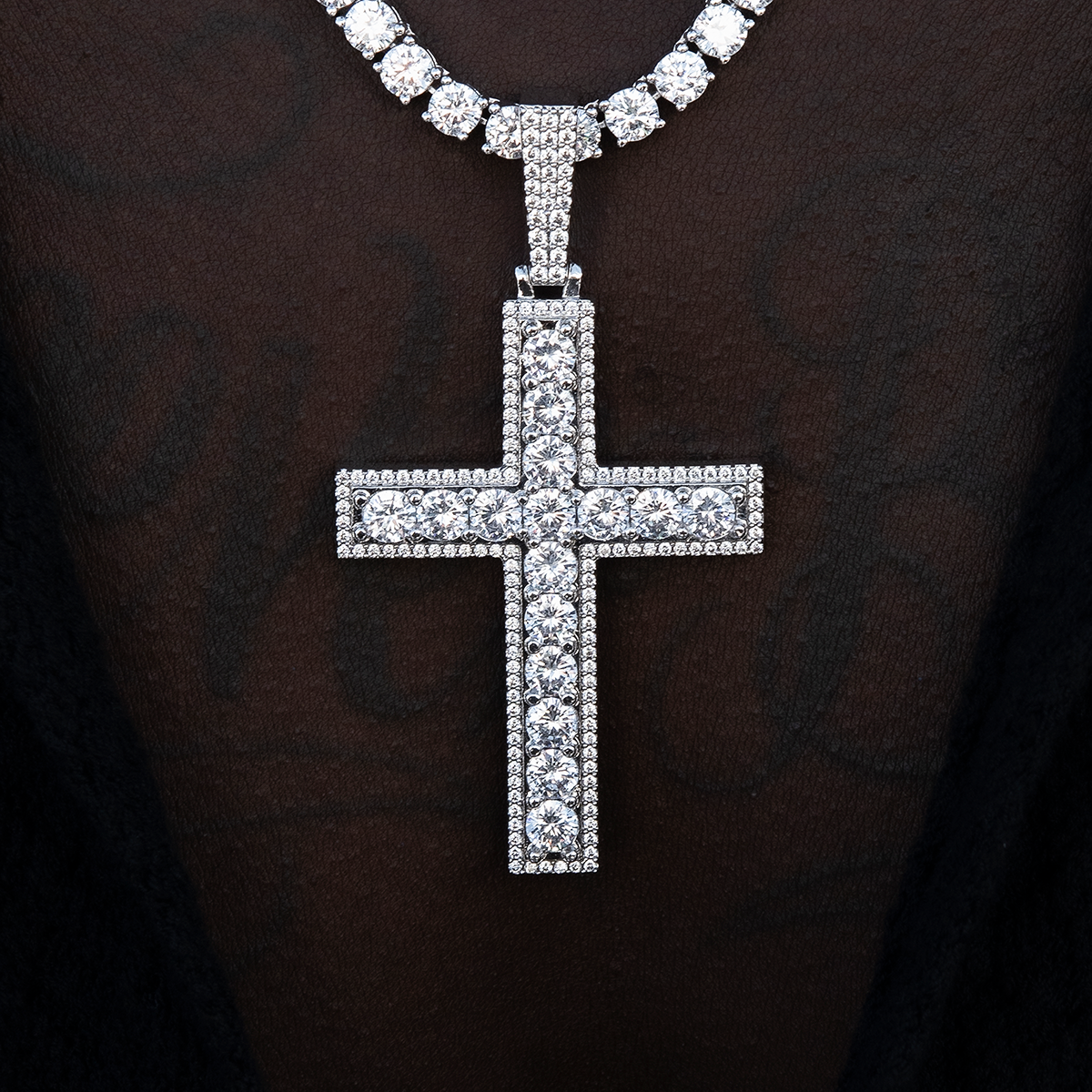 Large Diamond Pave Cross Pendant in White Gold