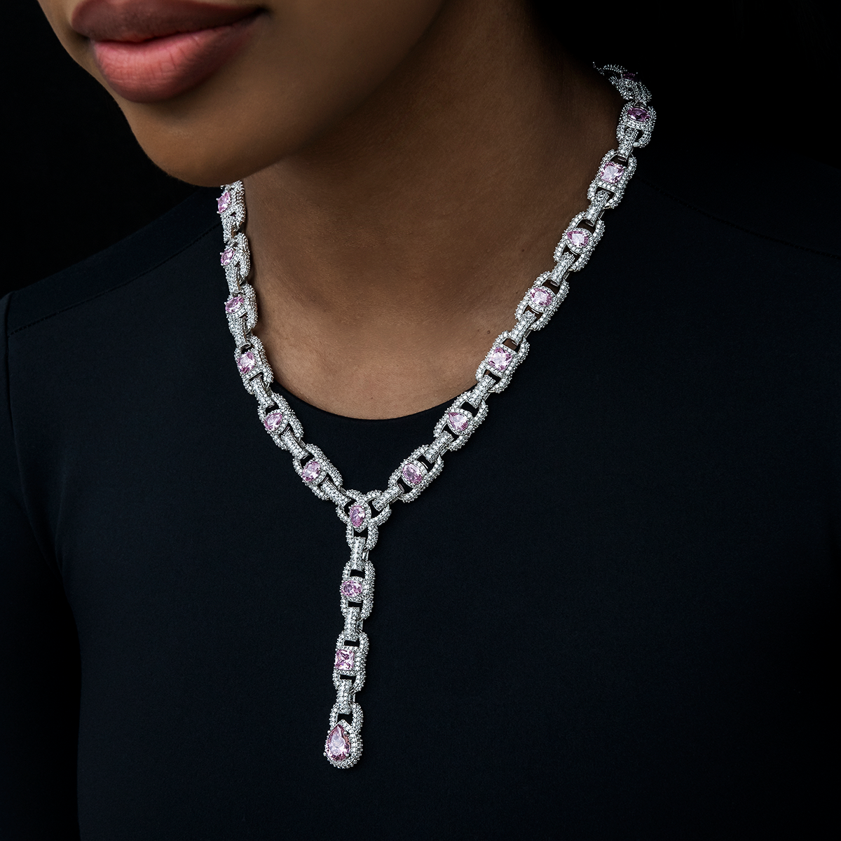 Diamond Cluster Mariner Teardrop Pink Lariat Necklace in White Gold