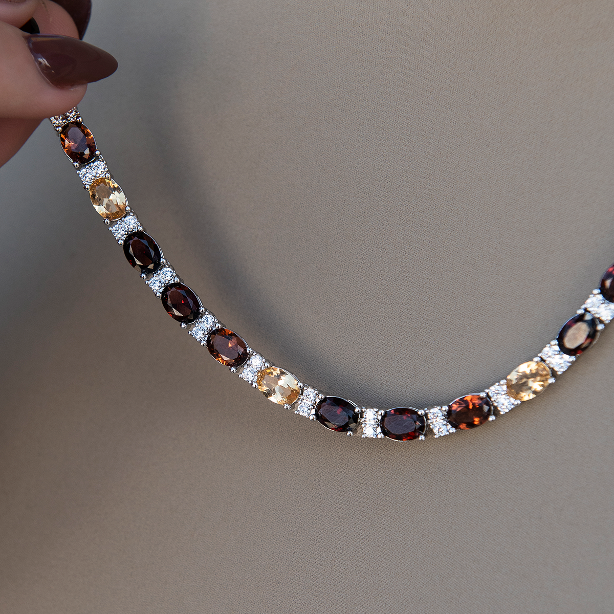 Multicolor Mixed Oval Cut Tennis Tonal Brown Stones Necklace- 5mm