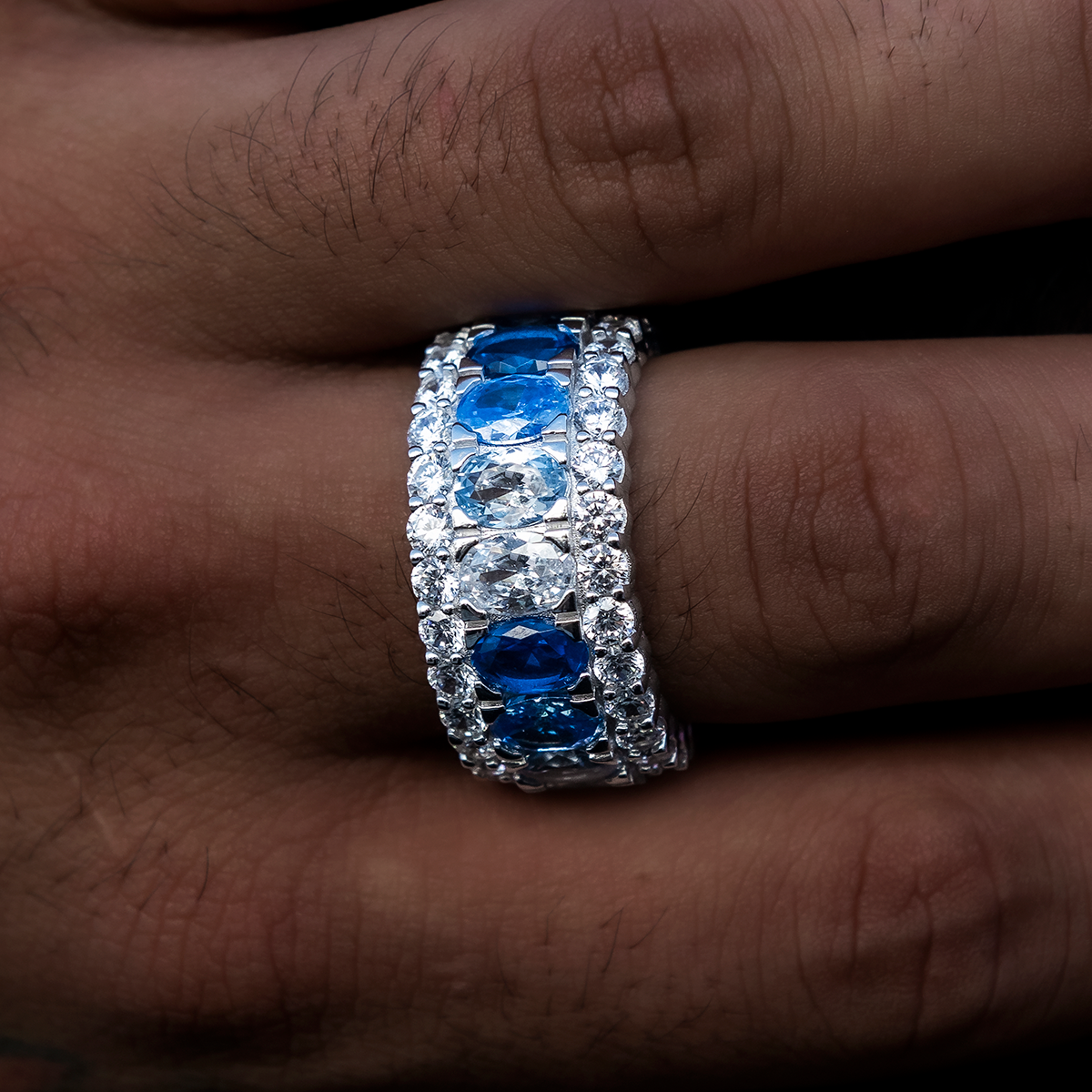 Multicolor Diamond Blue Layered Ring in White Gold Vermeil