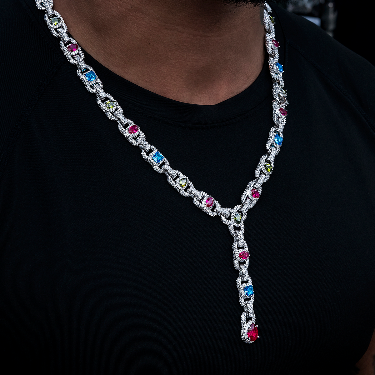 Diamond Cluster Mariner Teardrop Multicolor Lariat Chain in White Gold