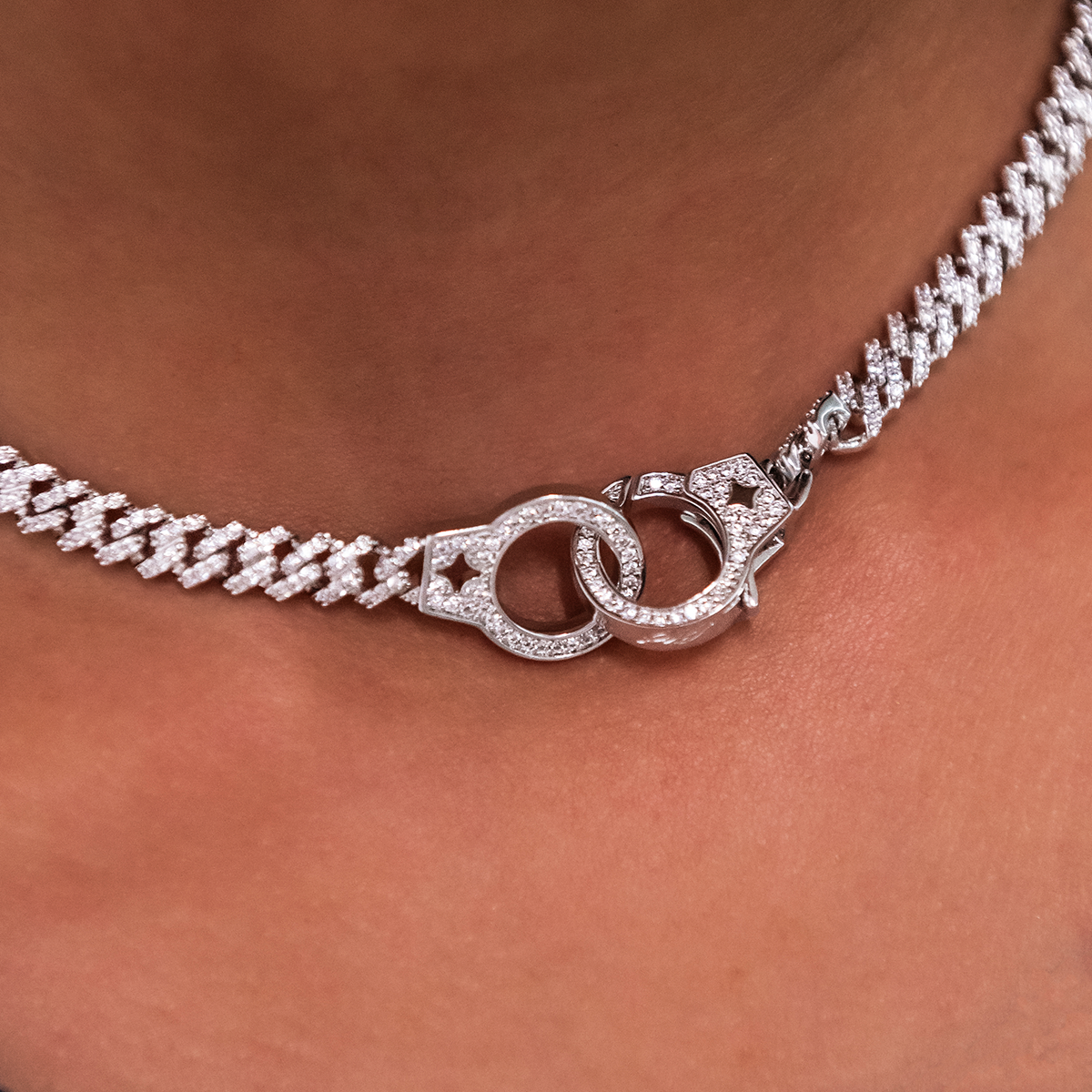 Iced Handcuff Diamond Prong Cuban Necklace in White Gold