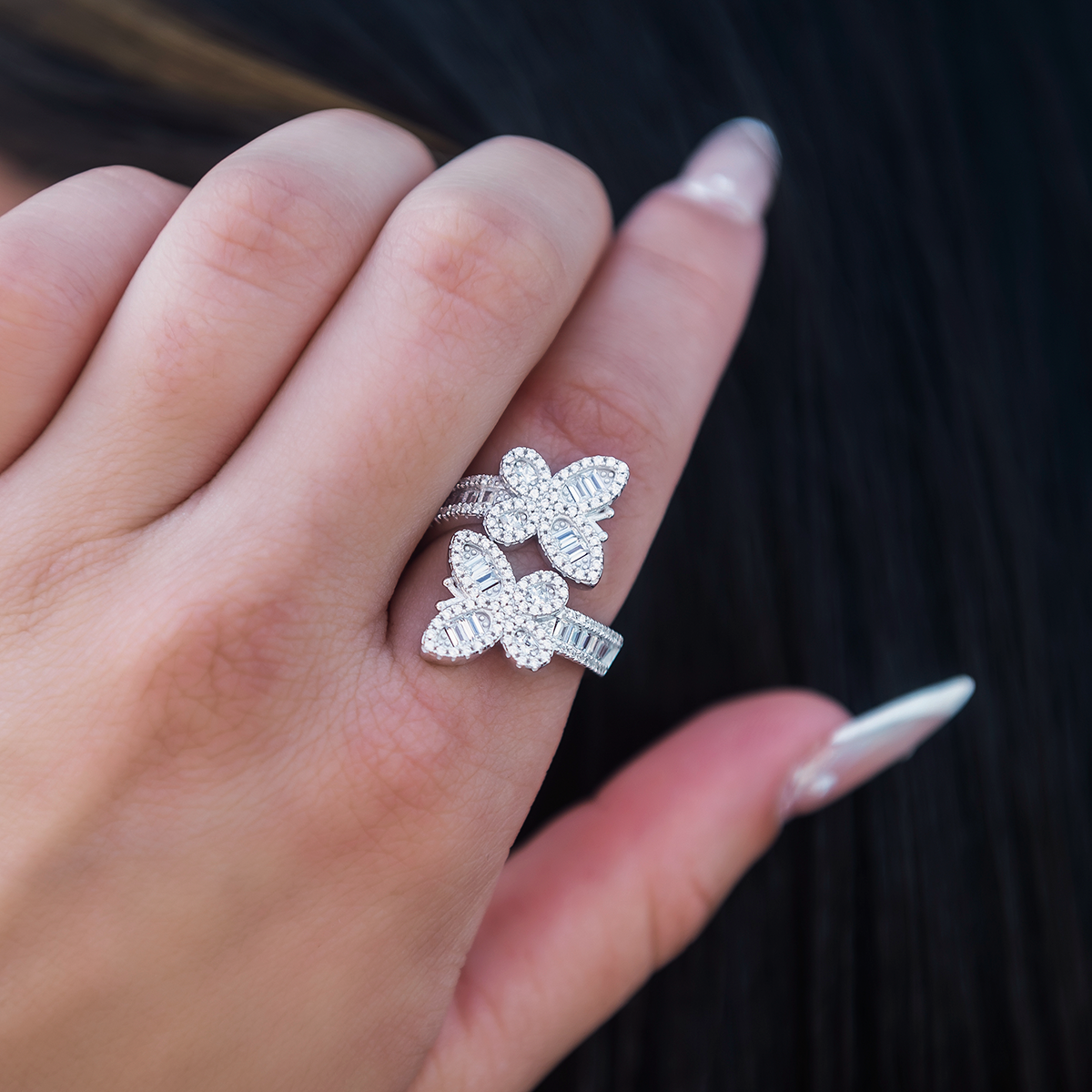 Diamond Baguette Butterfly Ring in White Gold Vermeil