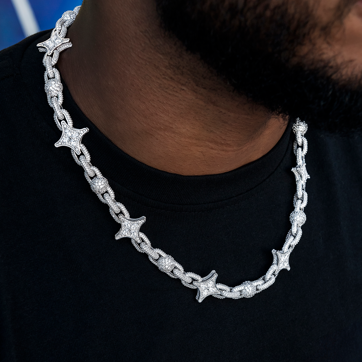 Diamond Ball Star Mariner Chain in White Gold- 10mm