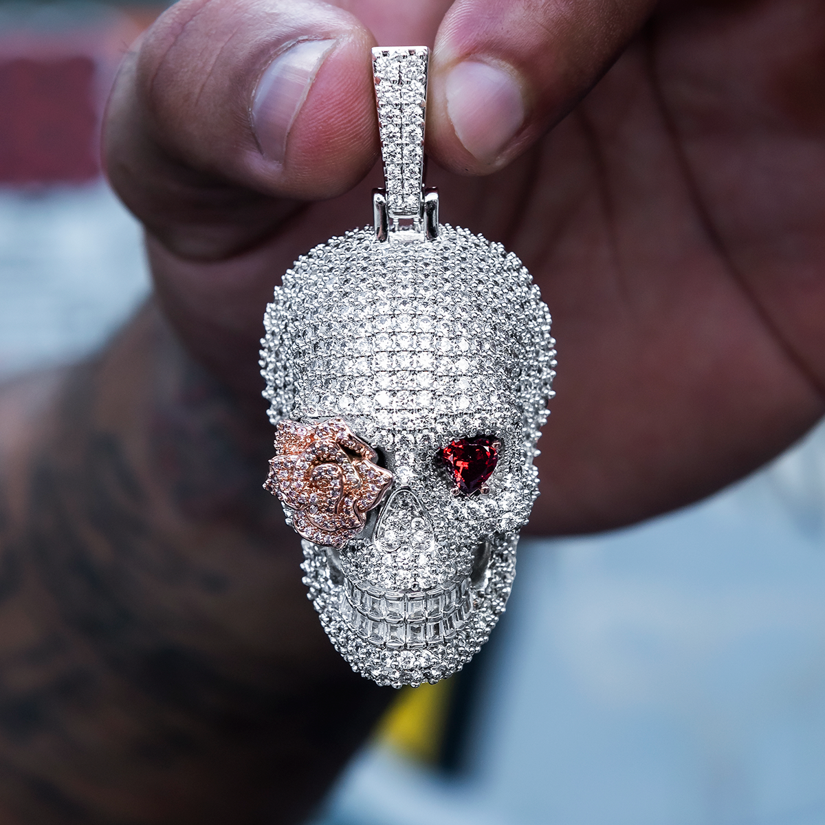 Large Iced Rose Skull Pendant