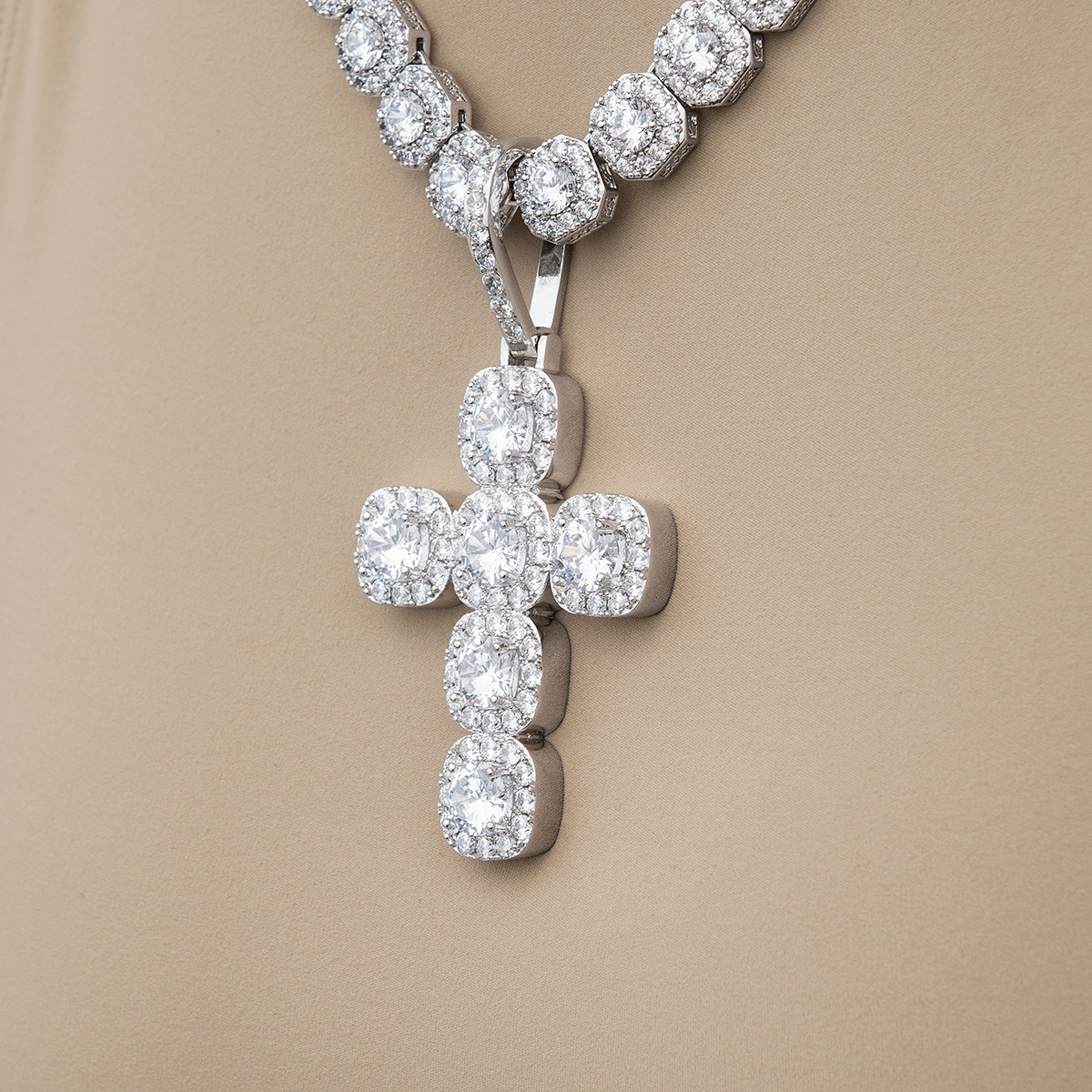 Gem Stone Cross Pendant in White Gold