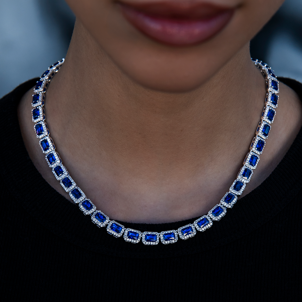 Sapphire Cushion Cut Tennis Necklace in White Gold