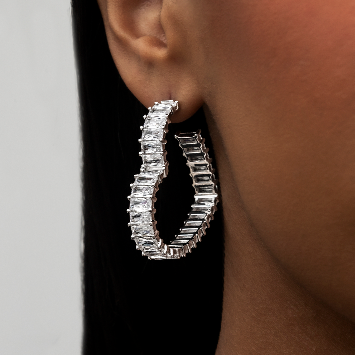 Baguette Heart Hoop Earrings in White Gold