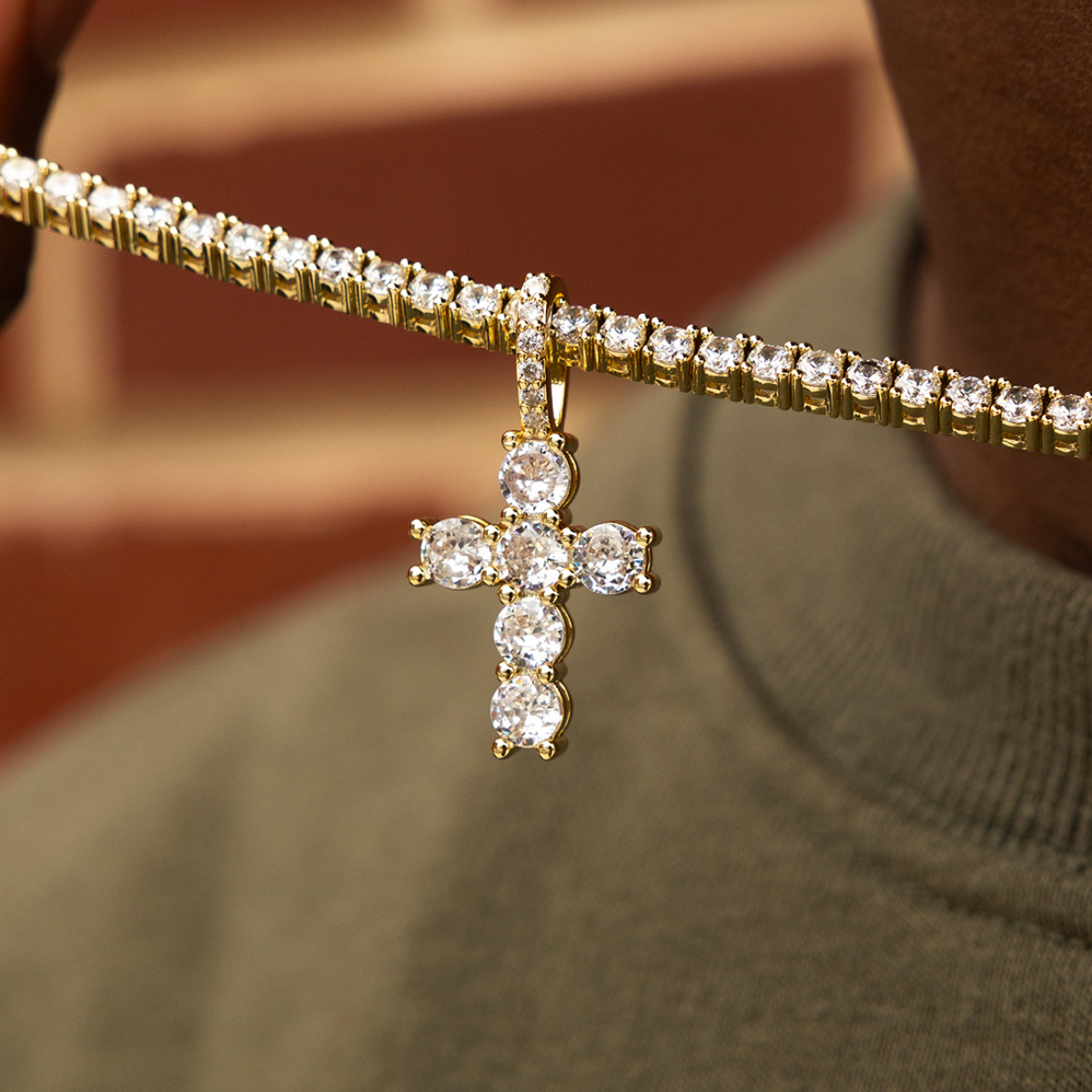 Iced Micro Round Cross in Yellow Gold