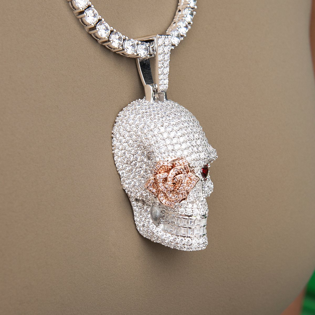 Large Iced Rose Skull Pendant