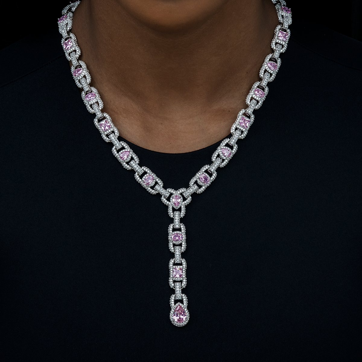 Diamond Cluster Mariner Teardrop Pink Lariat Necklace in White Gold