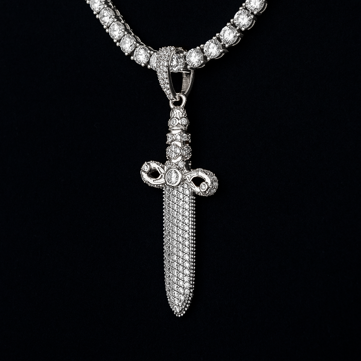 Large Iced Knife Pendant in White Gold