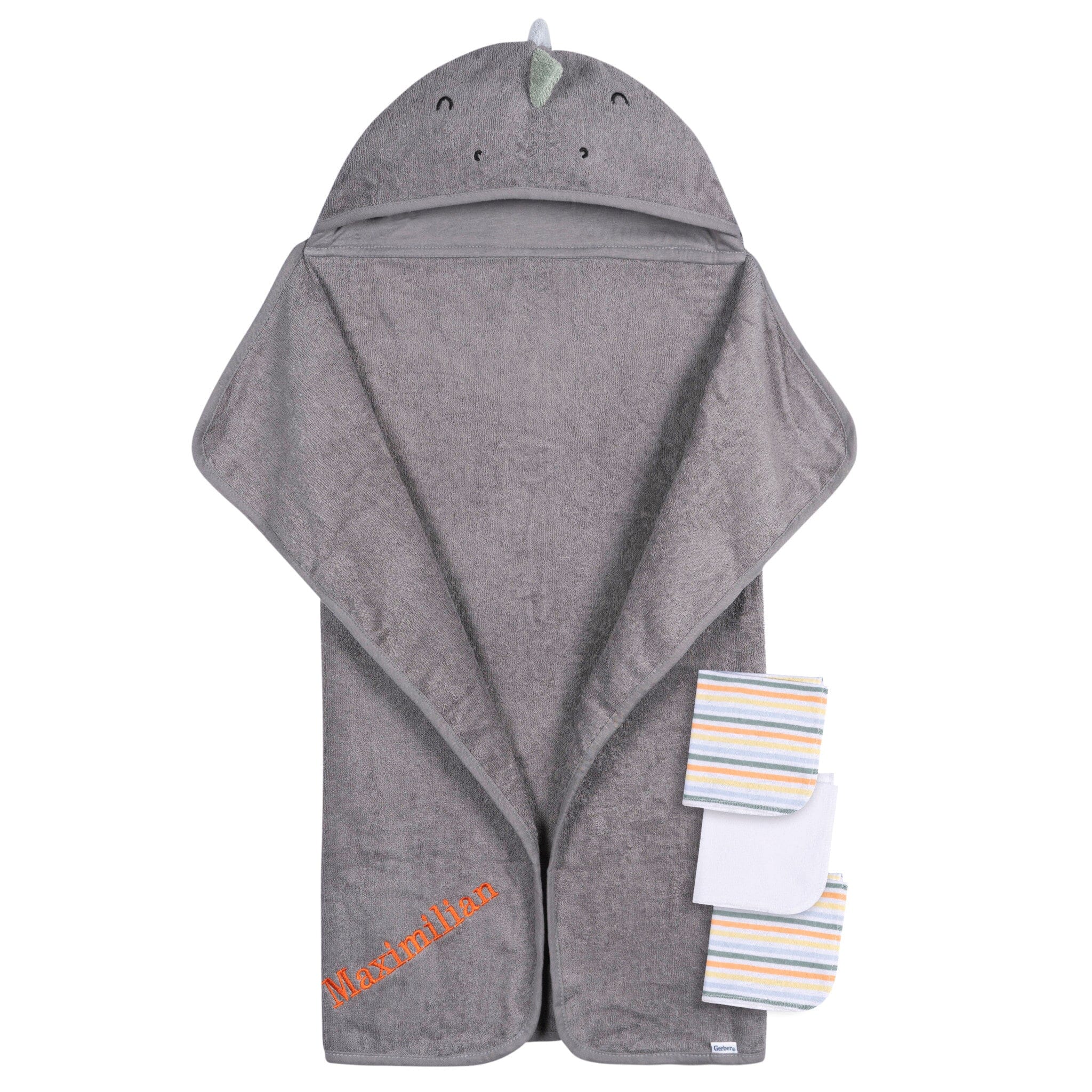 Embroidered 4-Piece Baby Boys Charcoal Dino Towel & Washcloths Set