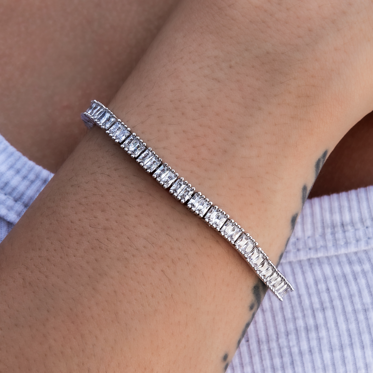 Diamond Baguette Tennis Bracelet in White Gold- 3mm