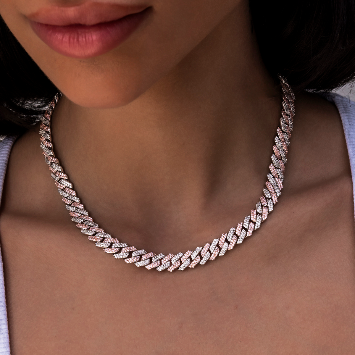 Diamond Prong Cuban Necklace in Rose/White Gold- 8.5mm