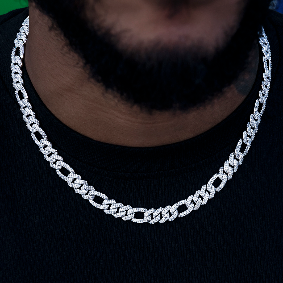 Diamond Figaro Chain in White Gold- 10mm