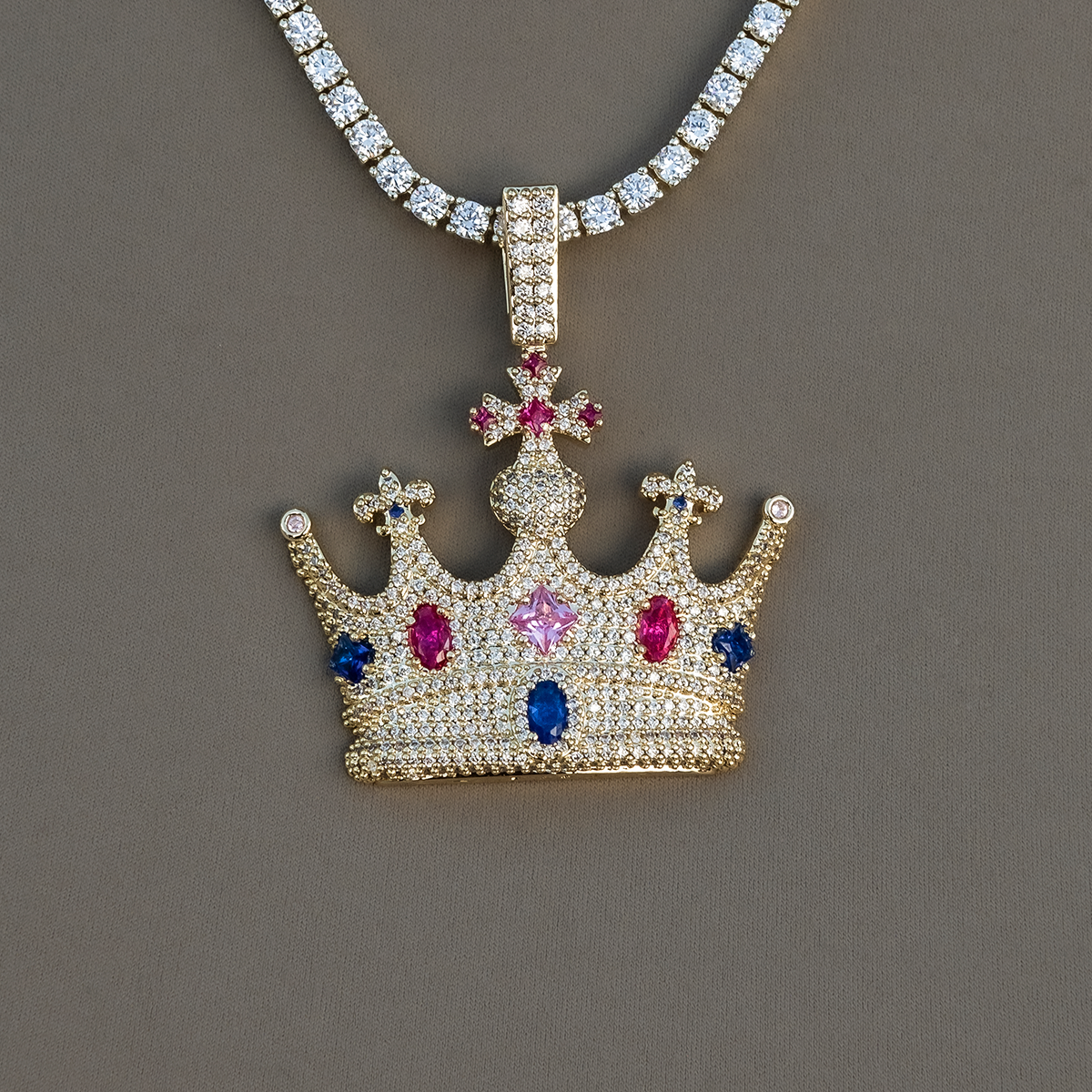 Multicolor Crown Pendant in Yellow Gold